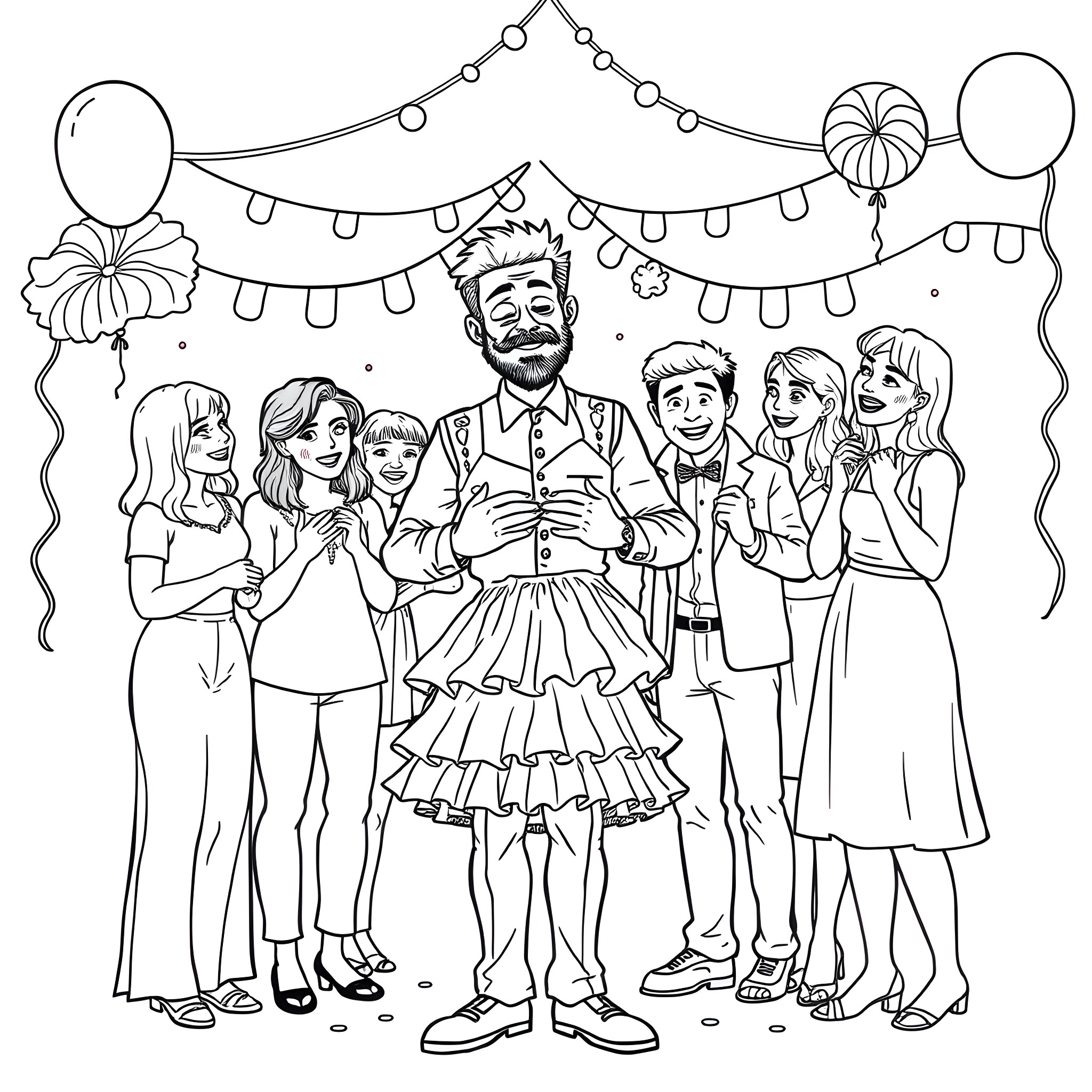 Guy Celebrating a Party with Family and Friends Coloring Page (free black-and-white line drawing printable PDF for all, from beginners to advanced learners, including children, teens, adults, and seniors)