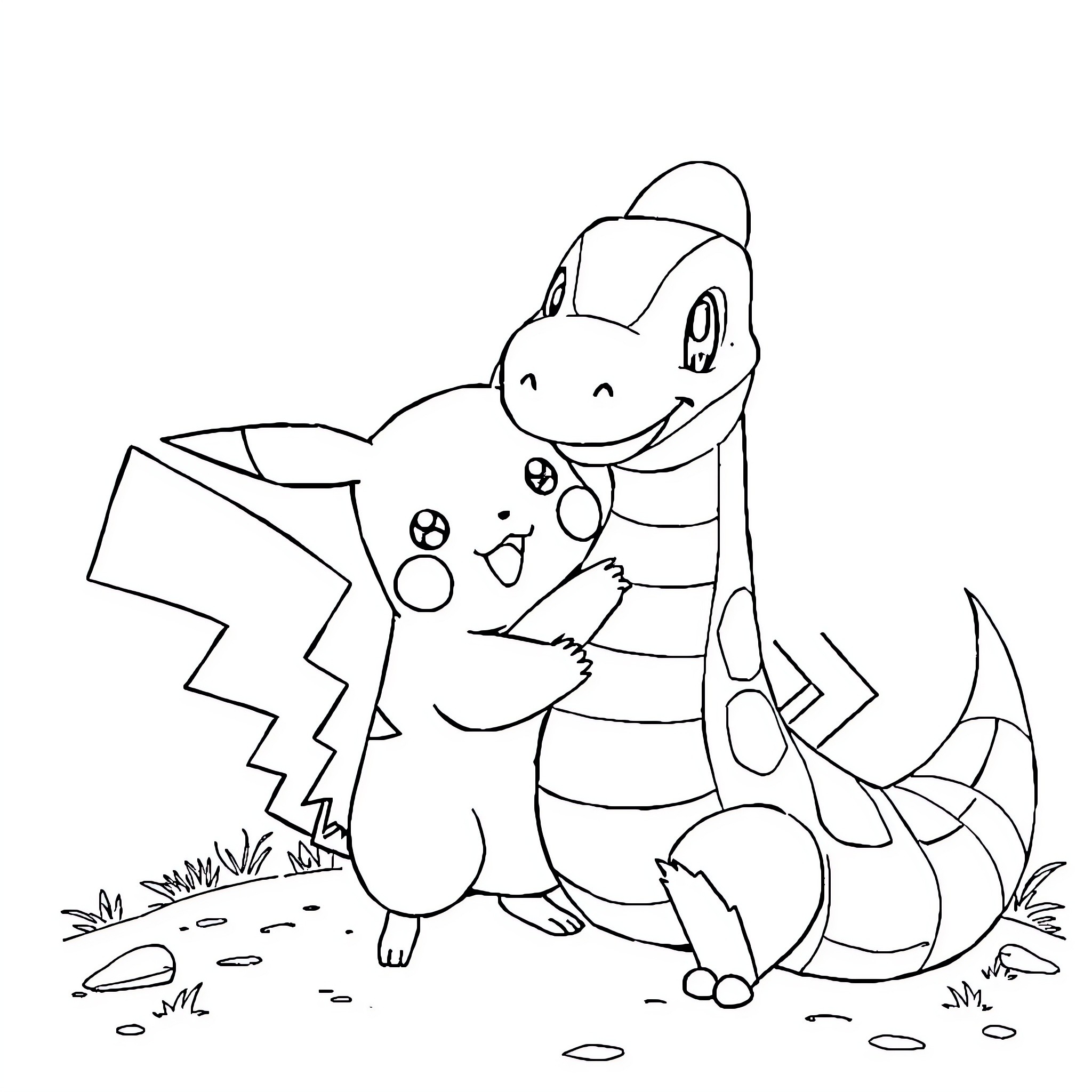 Pikachu playing joyfully outdoors Coloring Page (free black-and-white line drawing printable PDF for all, from beginners to advanced learners, including children, teens, adults, and seniors)