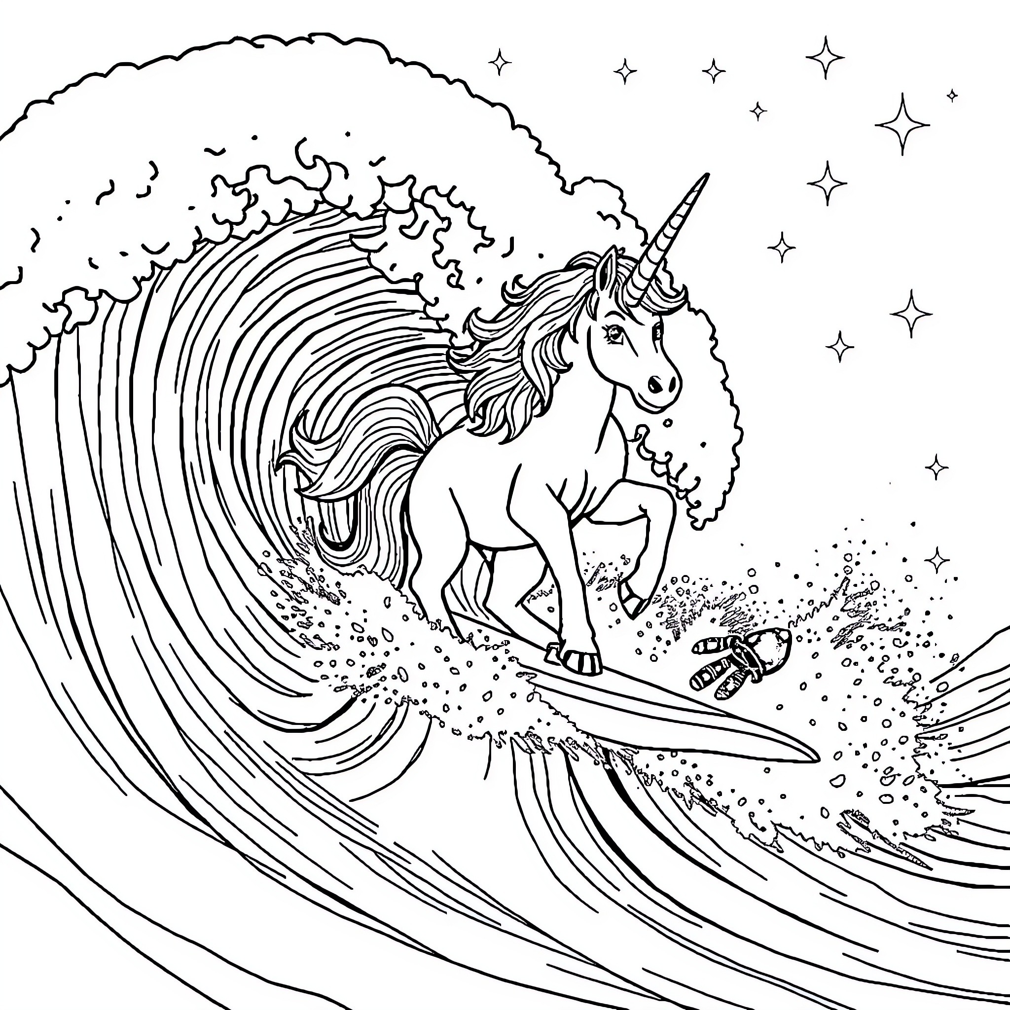 Unicorn surfing majestic waves under starry sky Coloring Page (free black-and-white line drawing printable PDF for all, from beginners to advanced learners, including children, teens, adults, and seniors)