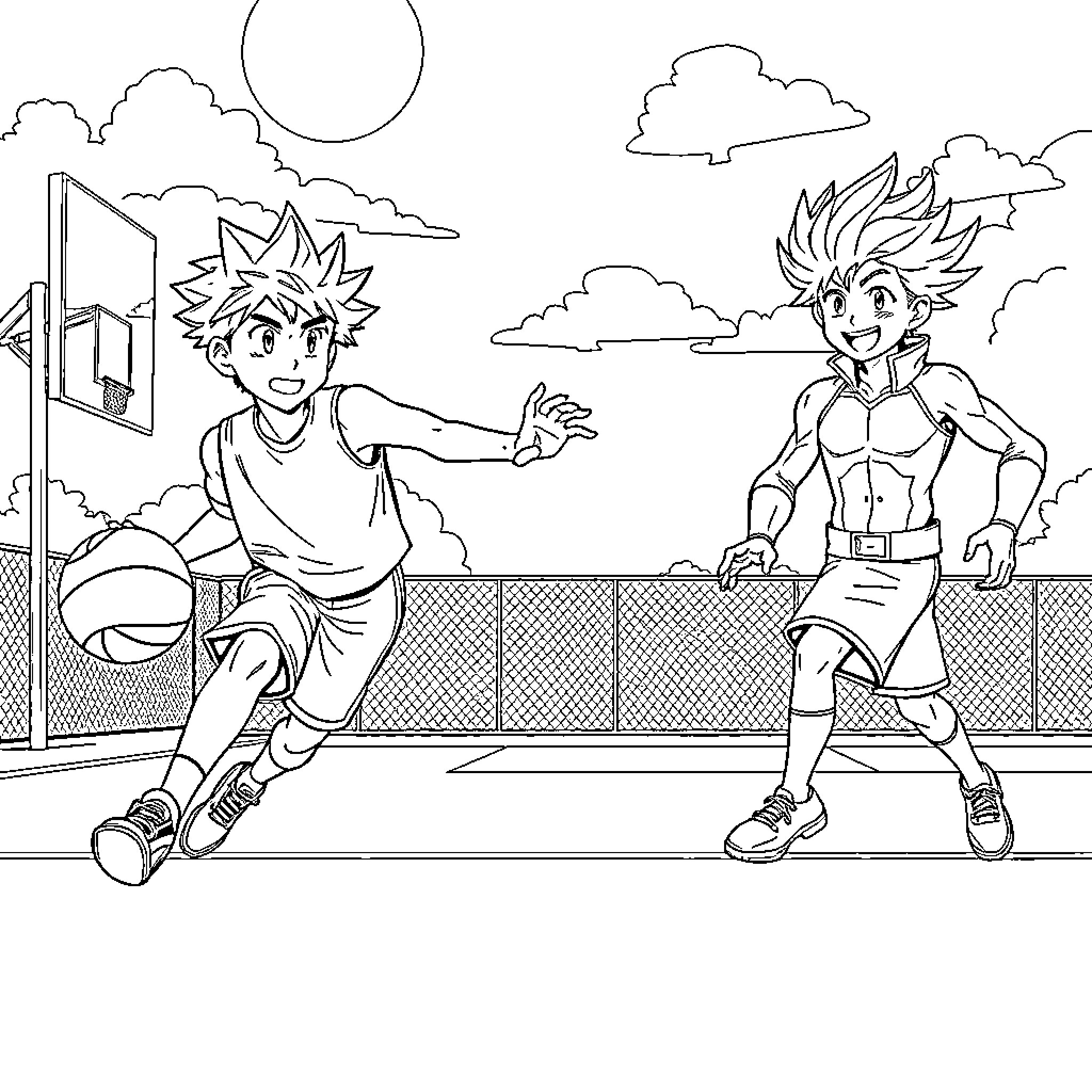 Midoriya Playing Basketball with Friend Coloring Page (free black-and-white line drawing printable PDF for all, from beginners to advanced learners, including children, teens, adults, and seniors)