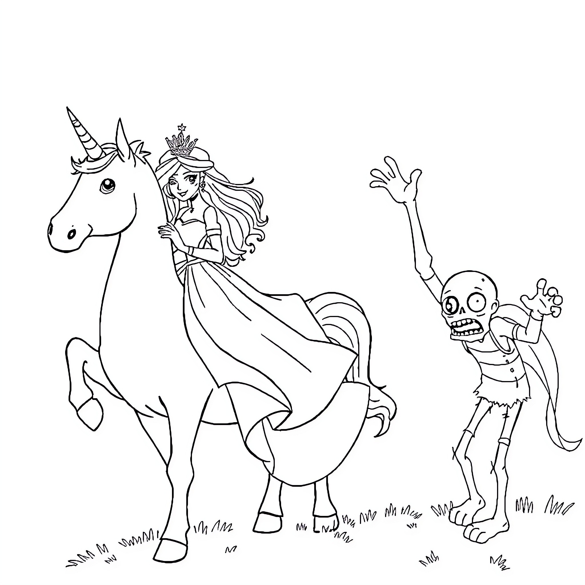 Princess riding a unicorn and encountering a quirky creature Coloring Page (free black-and-white line drawing printable PDF for all, from beginners to advanced learners, including children, teens, adults, and seniors)