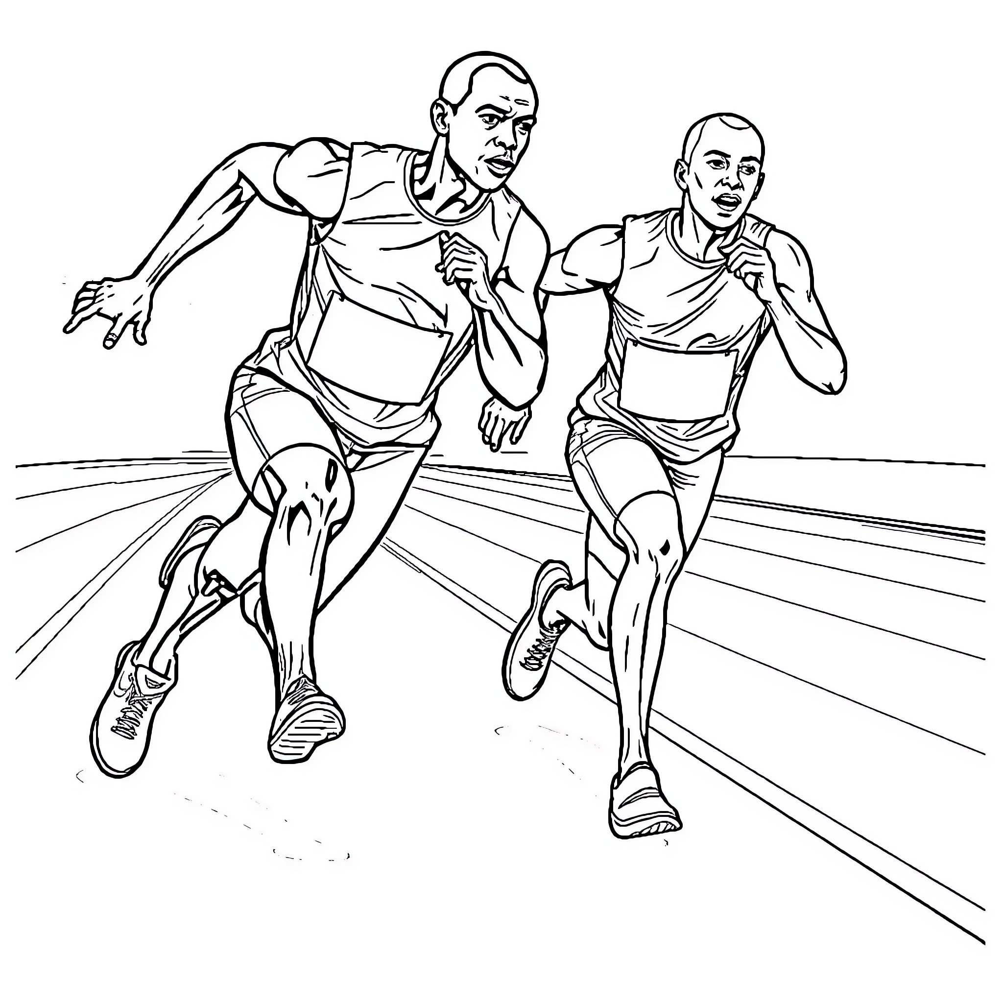 Usain Bolt racing against a competitor on the track Coloring Page (free black-and-white line drawing printable PDF for all, from beginners to advanced learners, including children, teens, adults, and seniors)