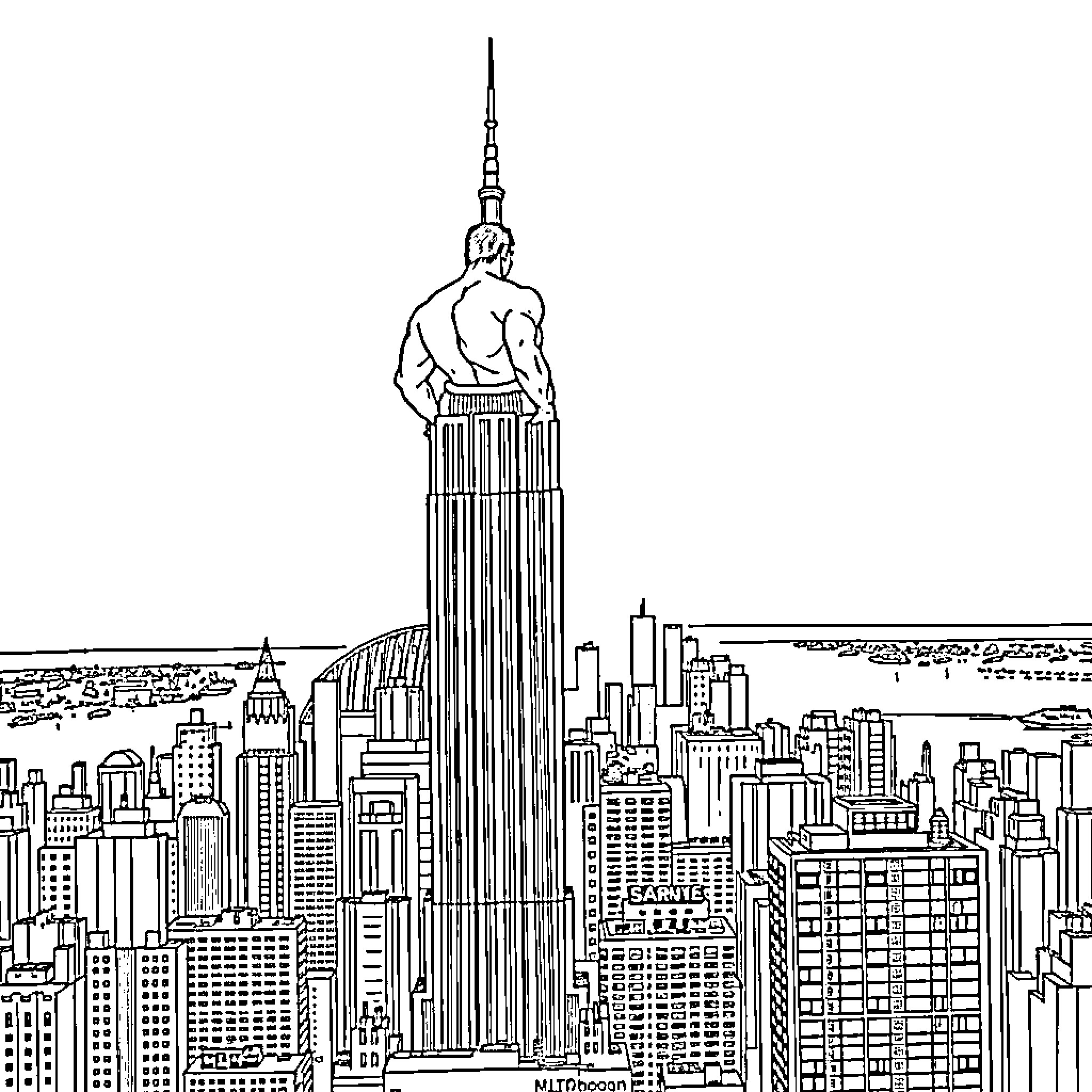 Hulk overlooking the bustling city skyline Coloring Page (free black-and-white line drawing printable PDF for all, from beginners to advanced learners, including children, teens, adults, and seniors)