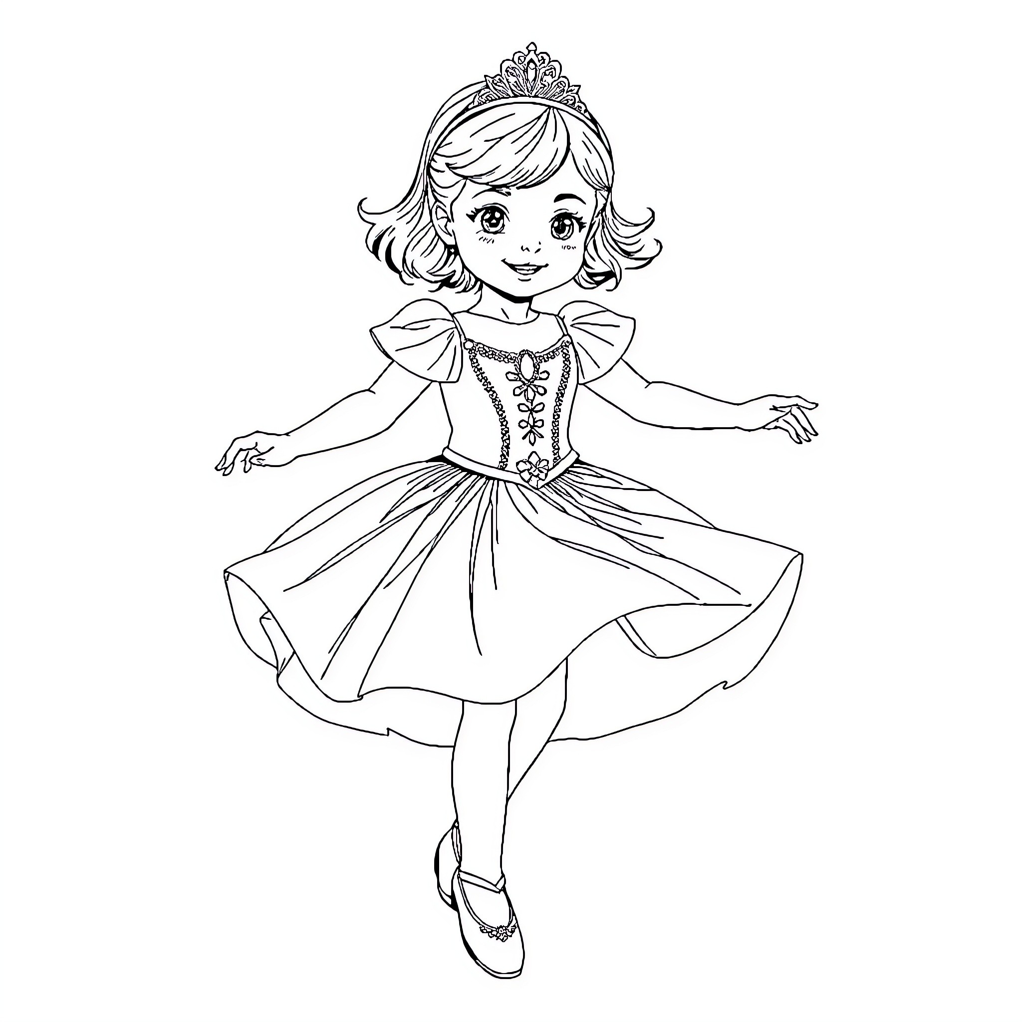 Princess Twirling in Elegant Gown Coloring Page (free black-and-white line drawing printable PDF for all, from beginners to advanced learners, including children, teens, adults, and seniors)