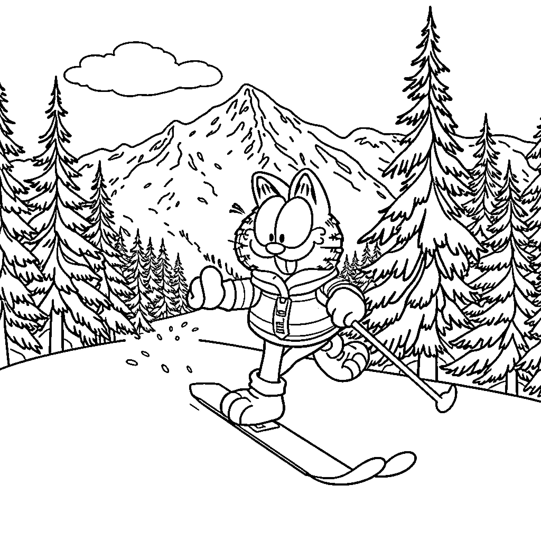 Garfield enjoying a snowy winter adventure on the slopes Coloring Page (free black-and-white line drawing printable PDF for all, from beginners to advanced learners, including children, teens, adults, and seniors)