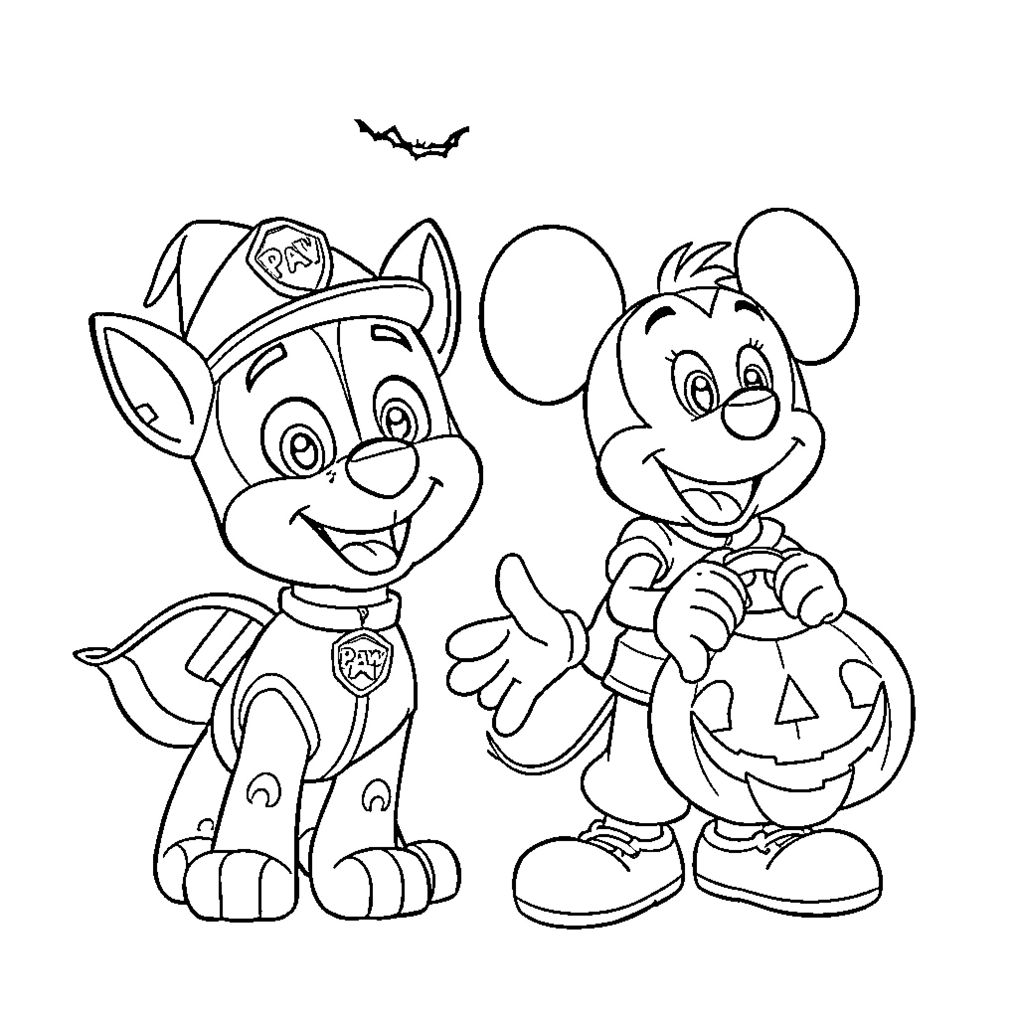 Chase friends trick-or-treating on Halloween Coloring Page (free black-and-white line drawing printable PDF for all, from beginners to advanced learners, including children, teens, adults, and seniors)