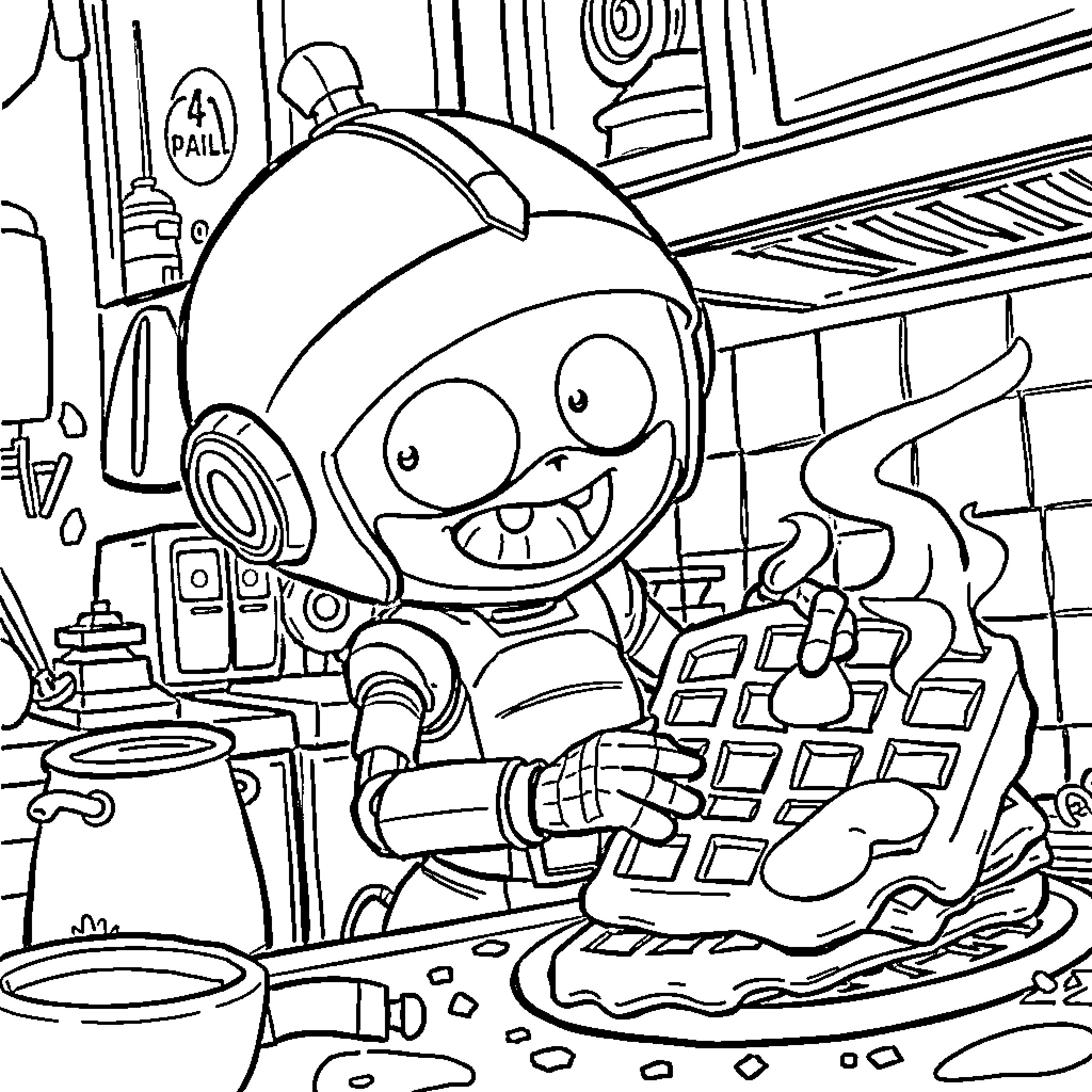 Gir Enjoying a Chaotic Meal in the Kitchen Coloring Page (free black-and-white line drawing printable PDF for all, from beginners to advanced learners, including children, teens, adults, and seniors)