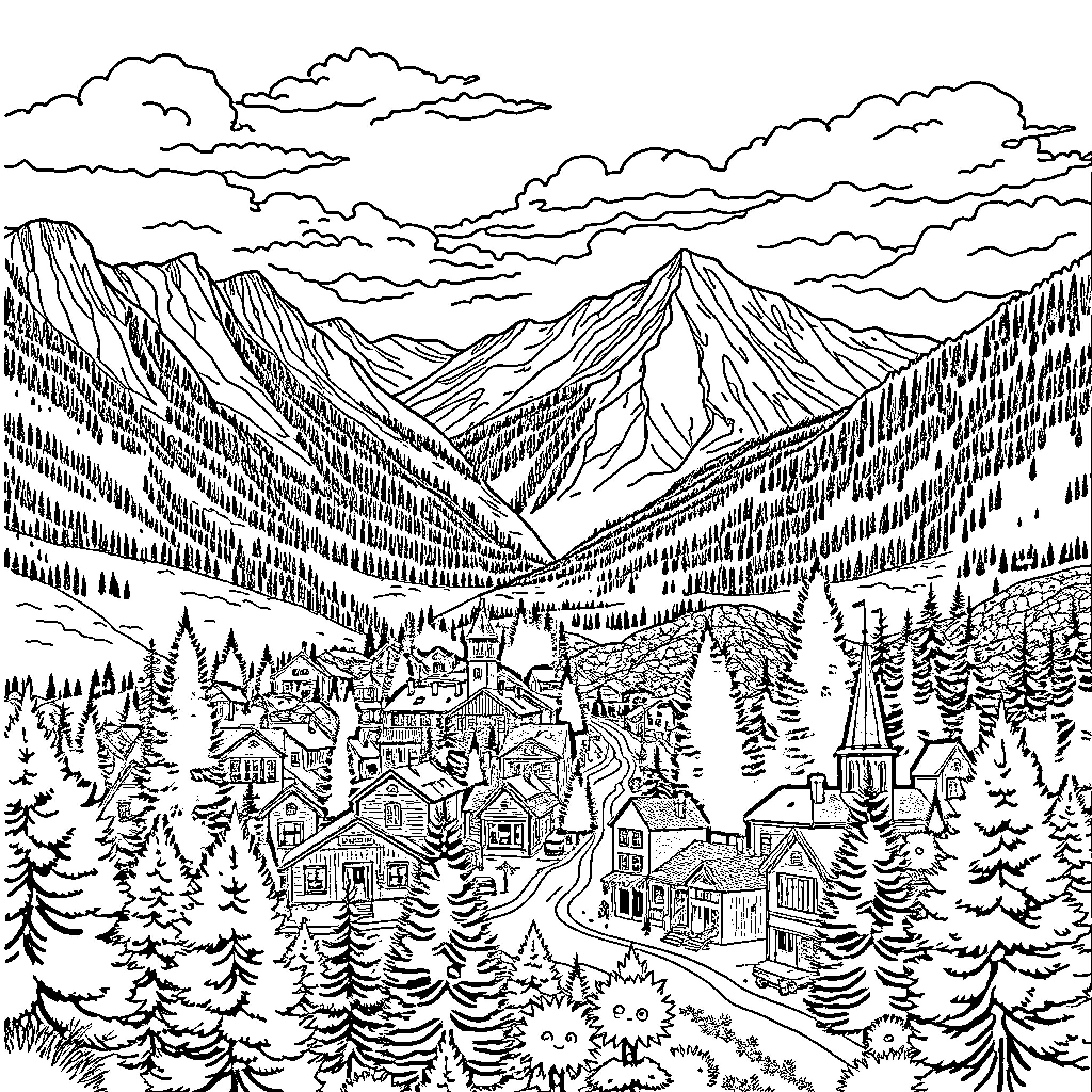 Town nestled in the rugged mountain landscape Coloring Page (free black-and-white line drawing printable PDF for all, from beginners to advanced learners, including children, teens, adults, and seniors)