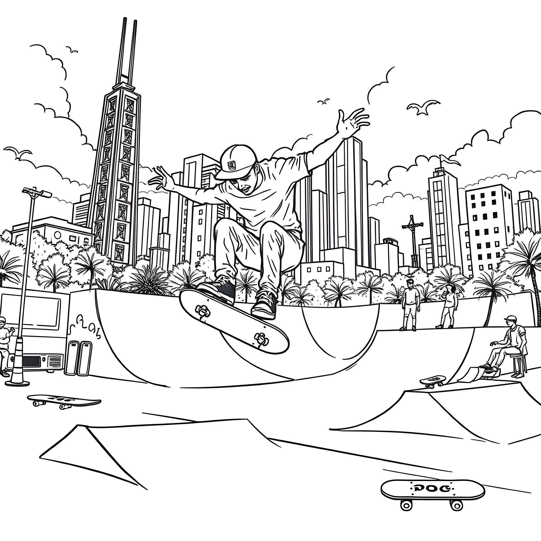 Skateboard stunts in the urban city landscape Coloring Page (free black-and-white line drawing printable PDF for all, from beginners to advanced learners, including children, teens, adults, and seniors)