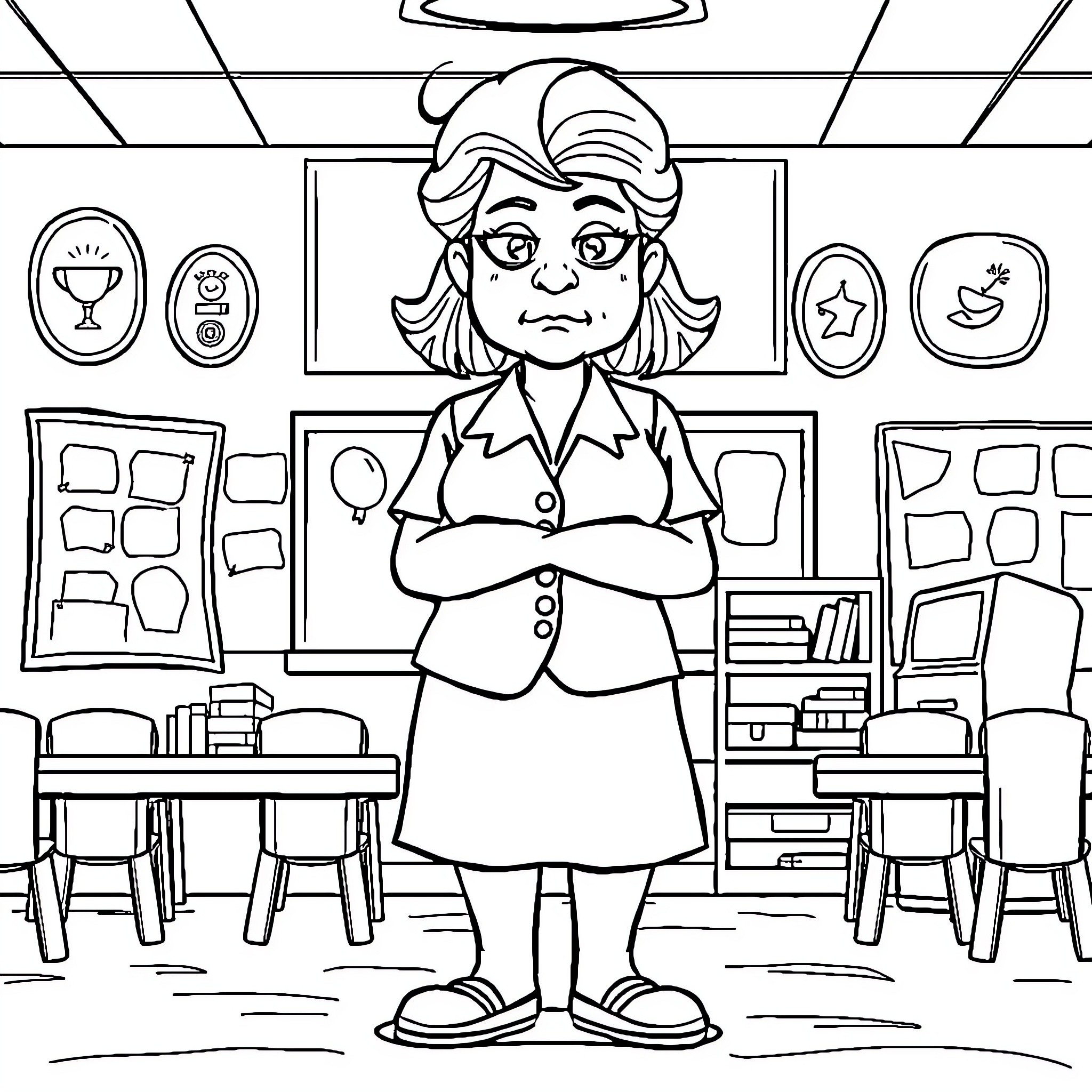 Teacher standing sternly in classroom Coloring Page (free black-and-white line drawing printable PDF for all, from beginners to advanced learners, including children, teens, adults, and seniors)
