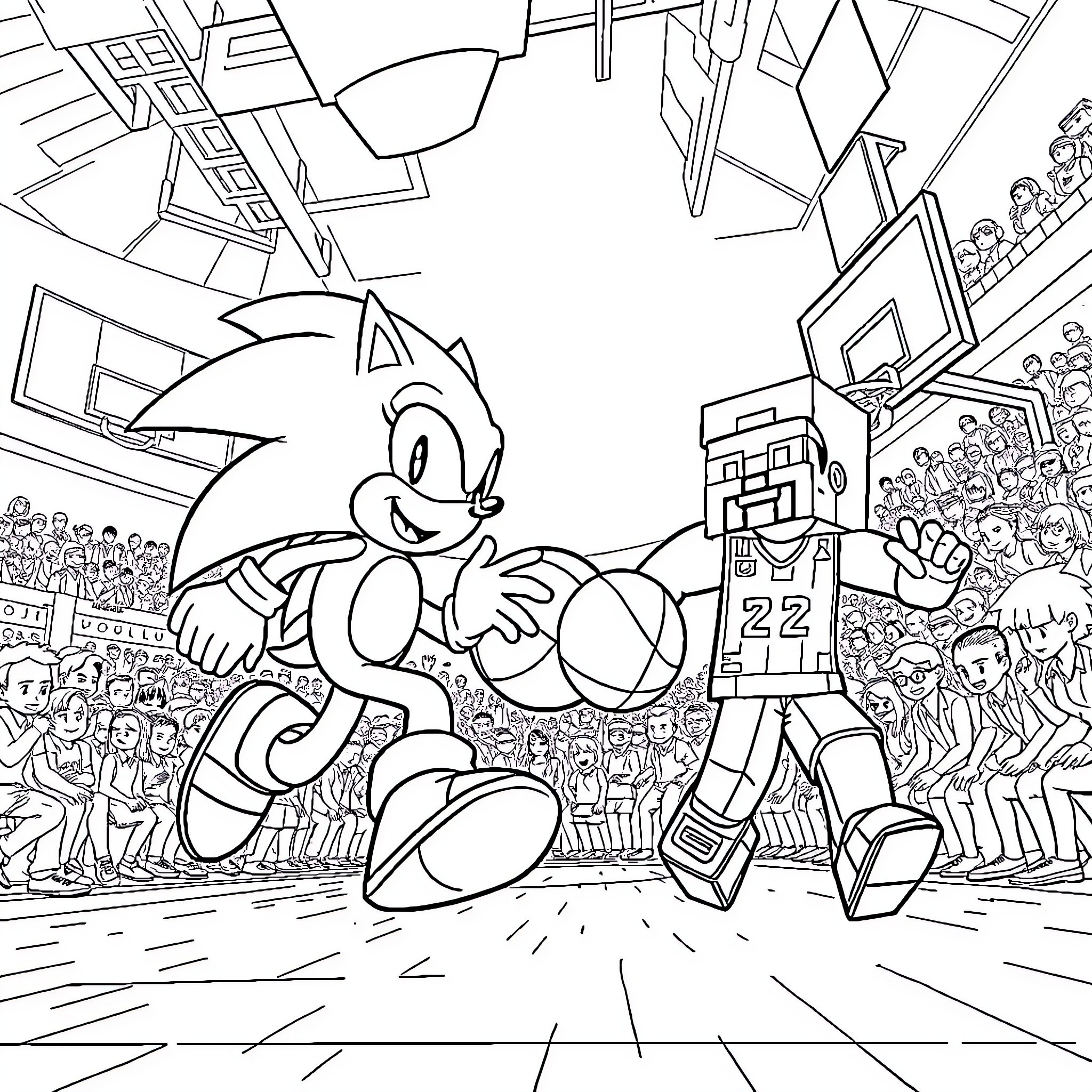 Sonic's Lively Basketball Game with Robotic Rival Coloring Page (free black-and-white line drawing printable PDF for all, from beginners to advanced learners, including children, teens, adults, and seniors)