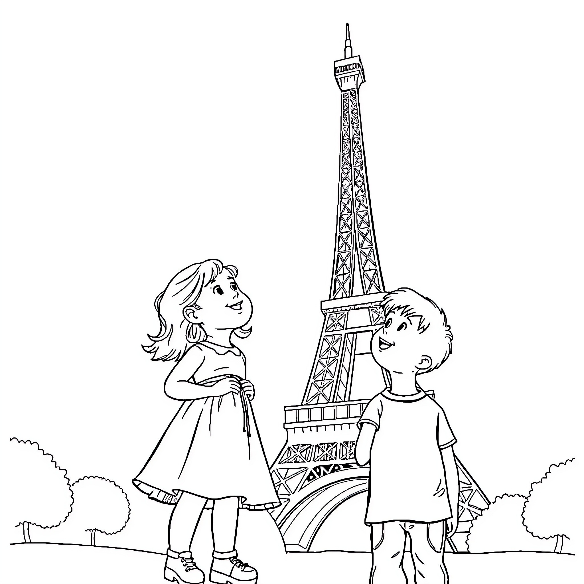 Kid exploring Parisian landmarks with a friend Coloring Page (free black-and-white line drawing printable PDF for all, from beginners to advanced learners, including children, teens, adults, and seniors)