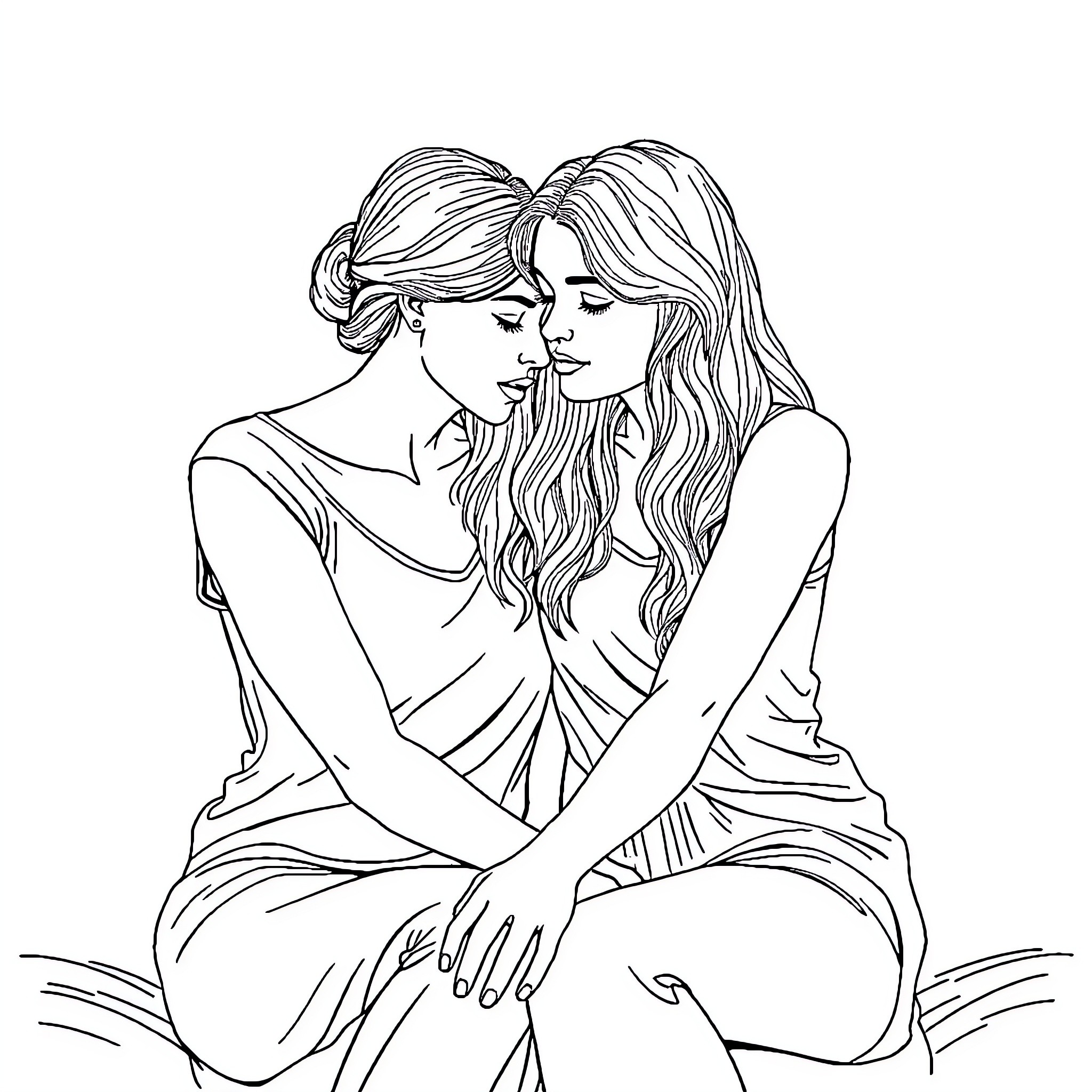 Woman embracing tenderly with another woman Coloring Page (free black-and-white line drawing printable PDF for all, from beginners to advanced learners, including children, teens, adults, and seniors)
