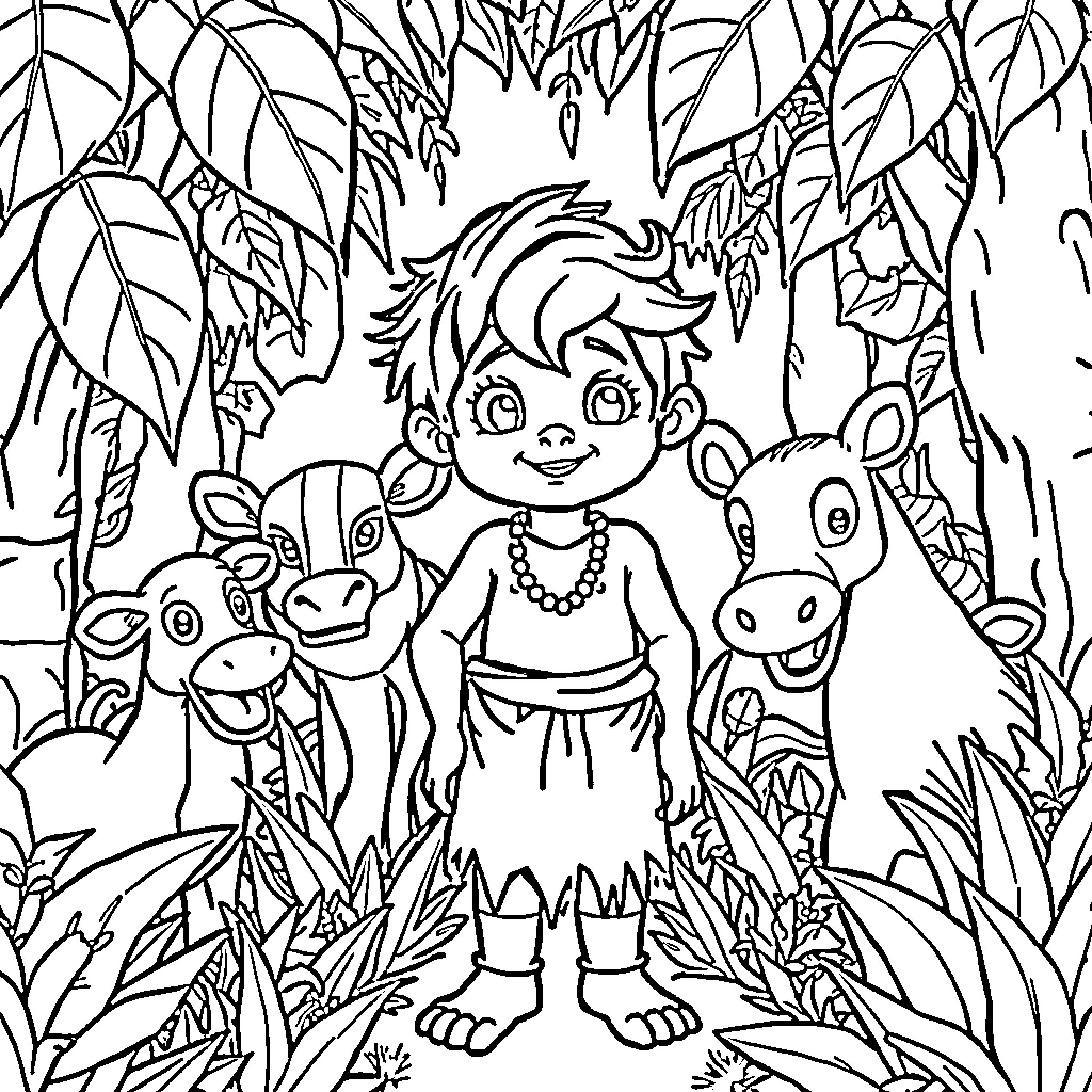 Mowgli exploring the jungle with animal friends Coloring Page (free black-and-white line drawing printable PDF for all, from beginners to advanced learners, including children, teens, adults, and seniors)