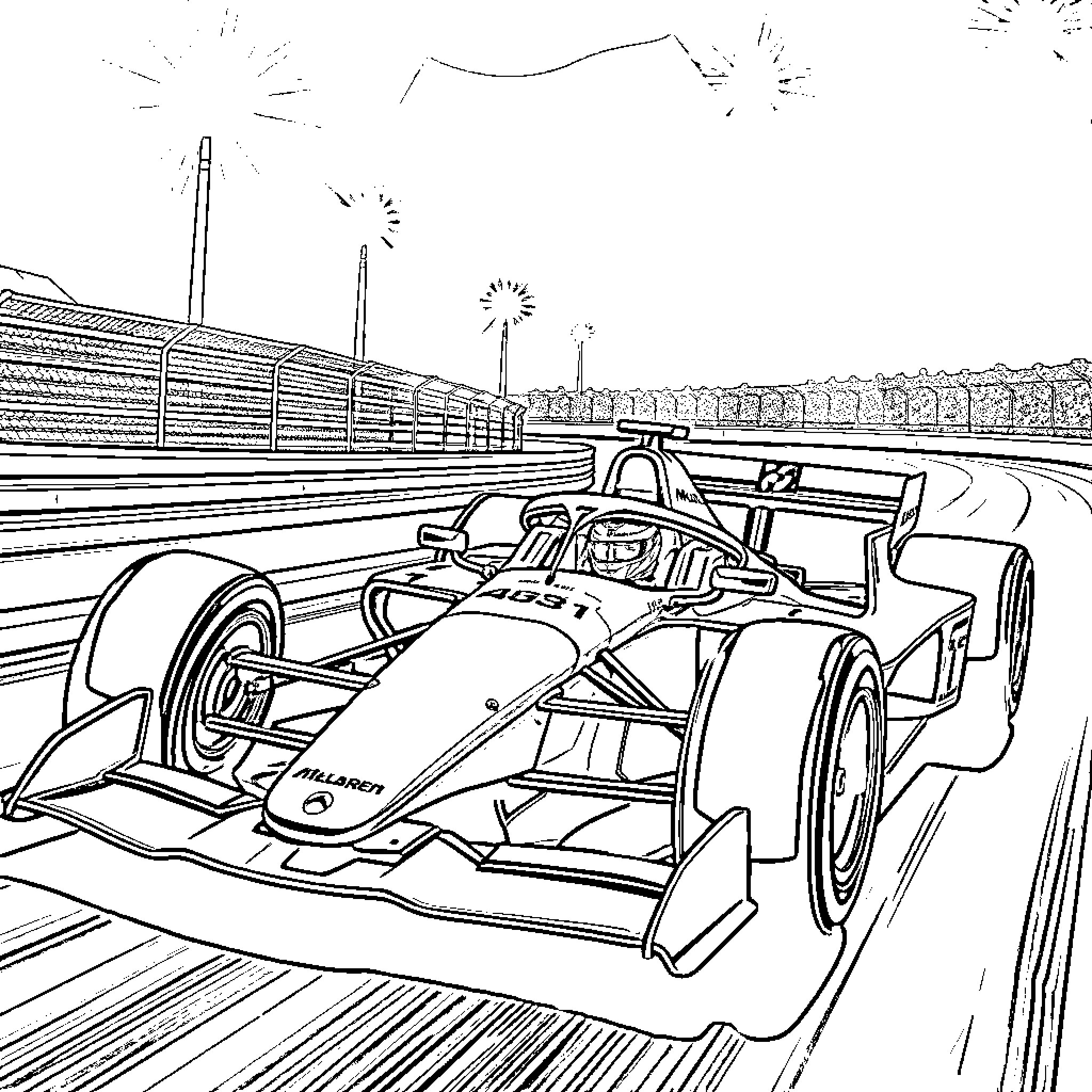 McLaren Racing Car on Track with Spectators Coloring Page (free black-and-white line drawing printable PDF for all, from beginners to advanced learners, including children, teens, adults, and seniors)