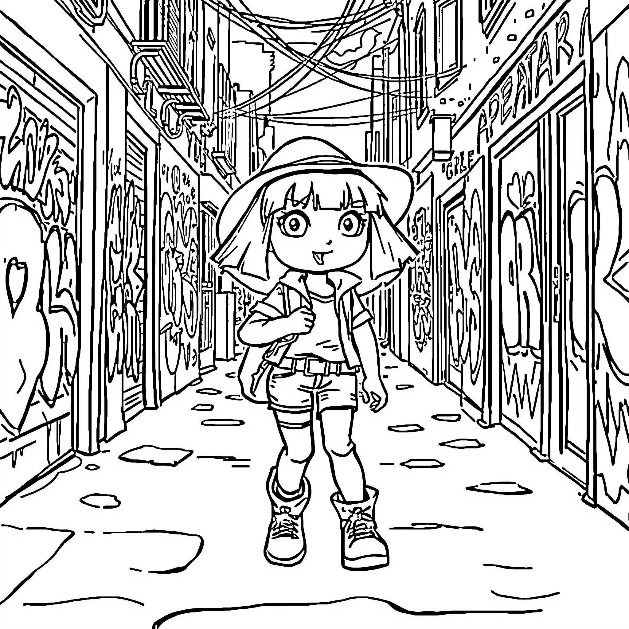 Dora's Adventure in the Colorful City Streets Coloring Page (free black-and-white line drawing printable PDF for all, from beginners to advanced learners, including children, teens, adults, and seniors)