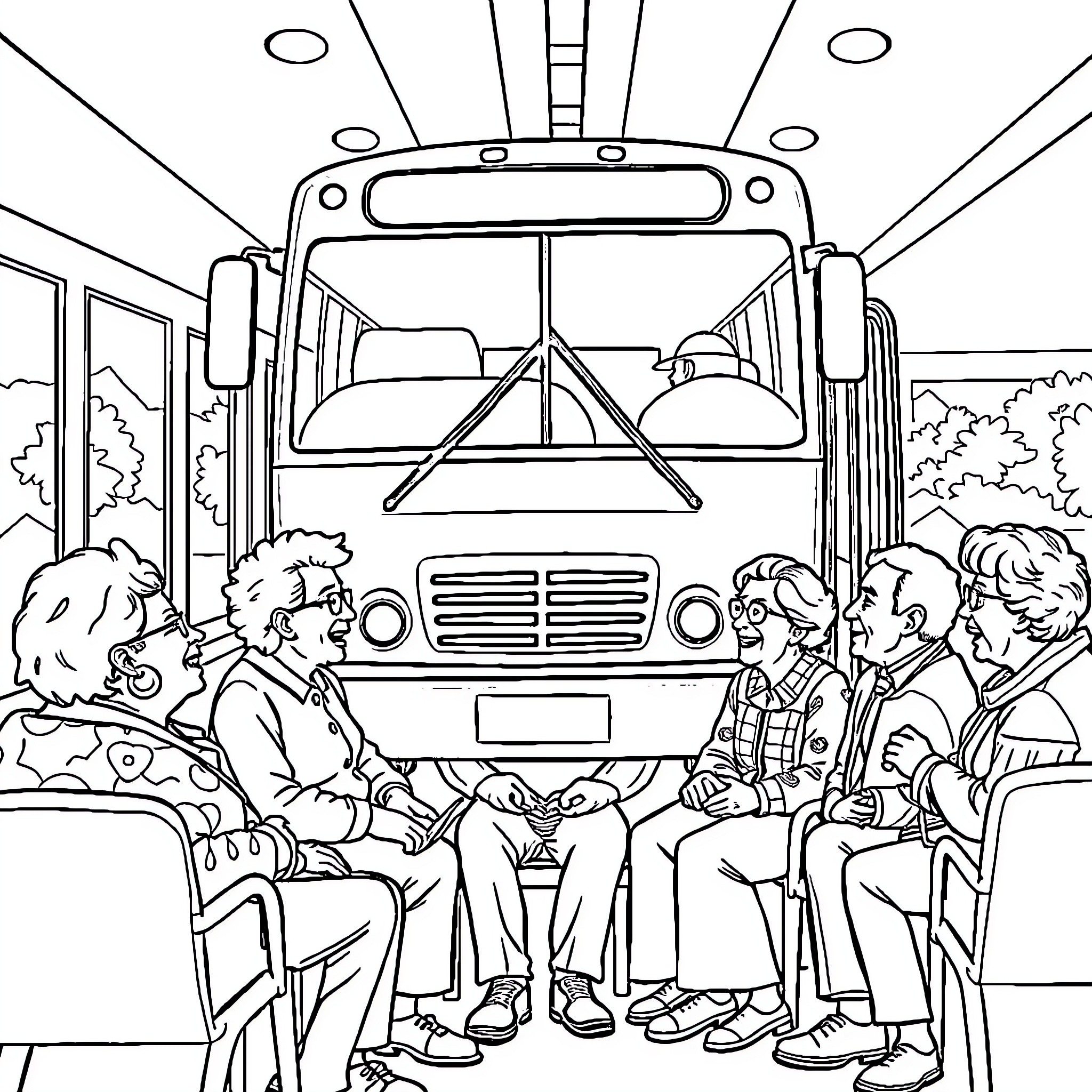 Person riding public transportation with other passengers Coloring Page (free black-and-white line drawing printable PDF for all, from beginners to advanced learners, including children, teens, adults, and seniors)