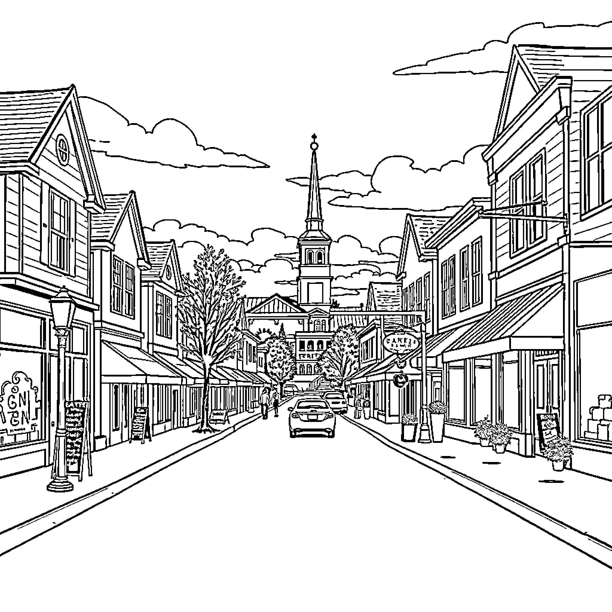 Oswego's Quaint Historic Downtown Street Scene Coloring Page (free black-and-white line drawing printable PDF for all, from beginners to advanced learners, including children, teens, adults, and seniors)
