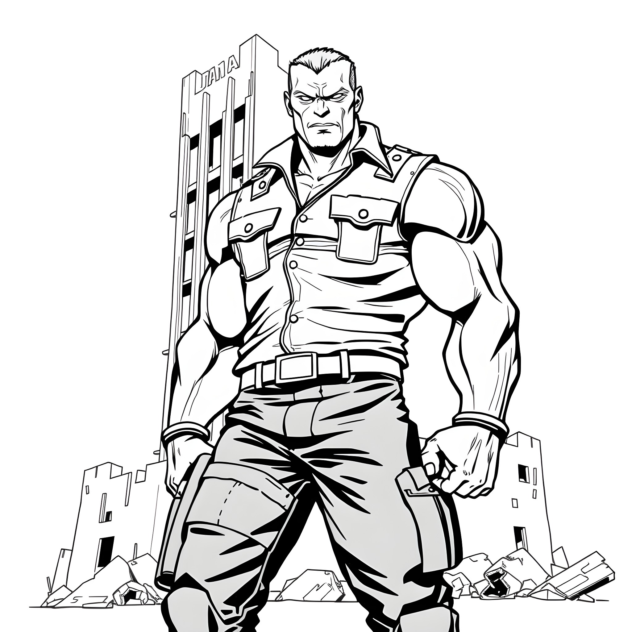 Bane, the Powerful Enforcer in the Ruined City Coloring Page (free black-and-white line drawing printable PDF for all, from beginners to advanced learners, including children, teens, adults, and seniors)