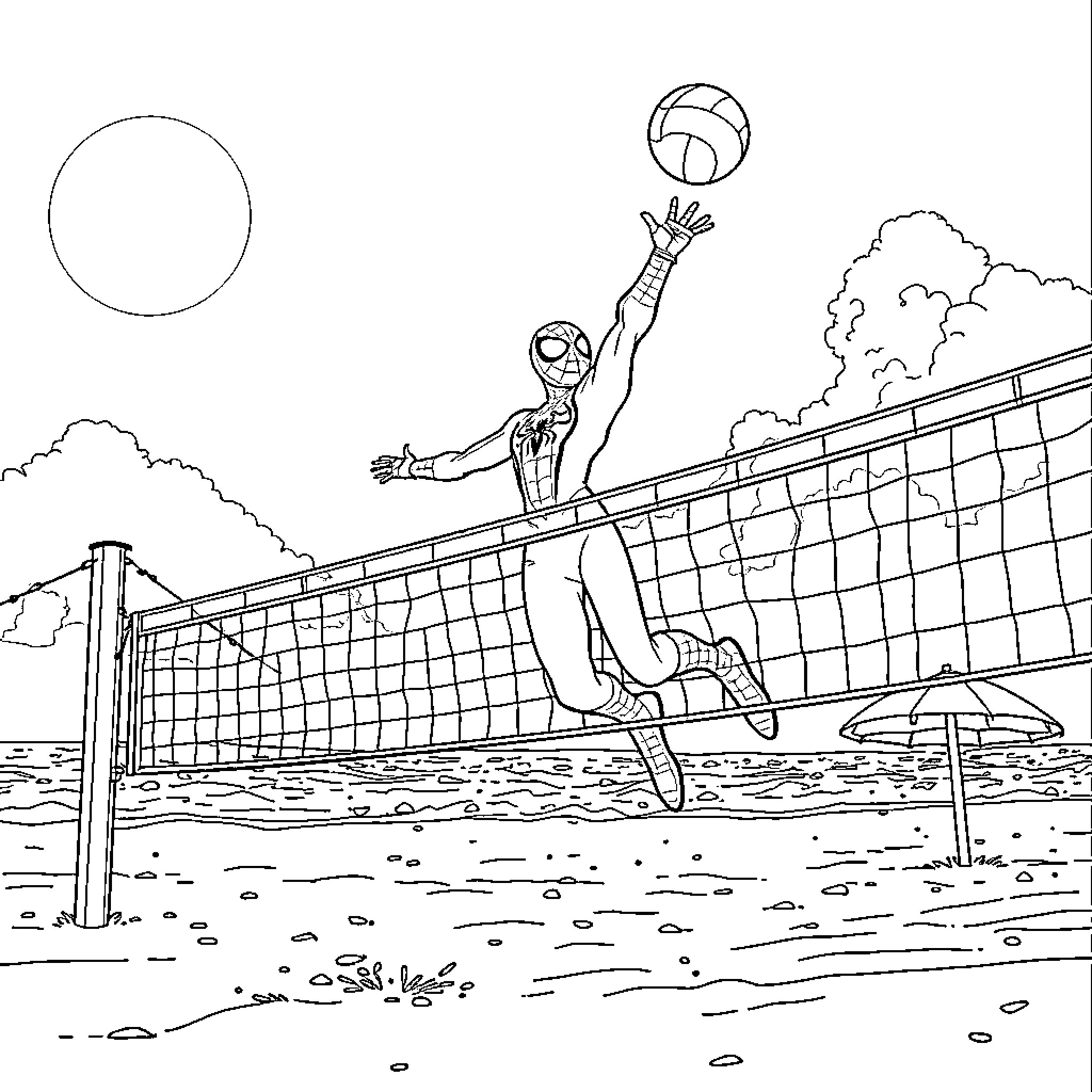 Spiderman playing volleyball on the beach Coloring Page (free black-and-white line drawing printable PDF for all, from beginners to advanced learners, including children, teens, adults, and seniors)