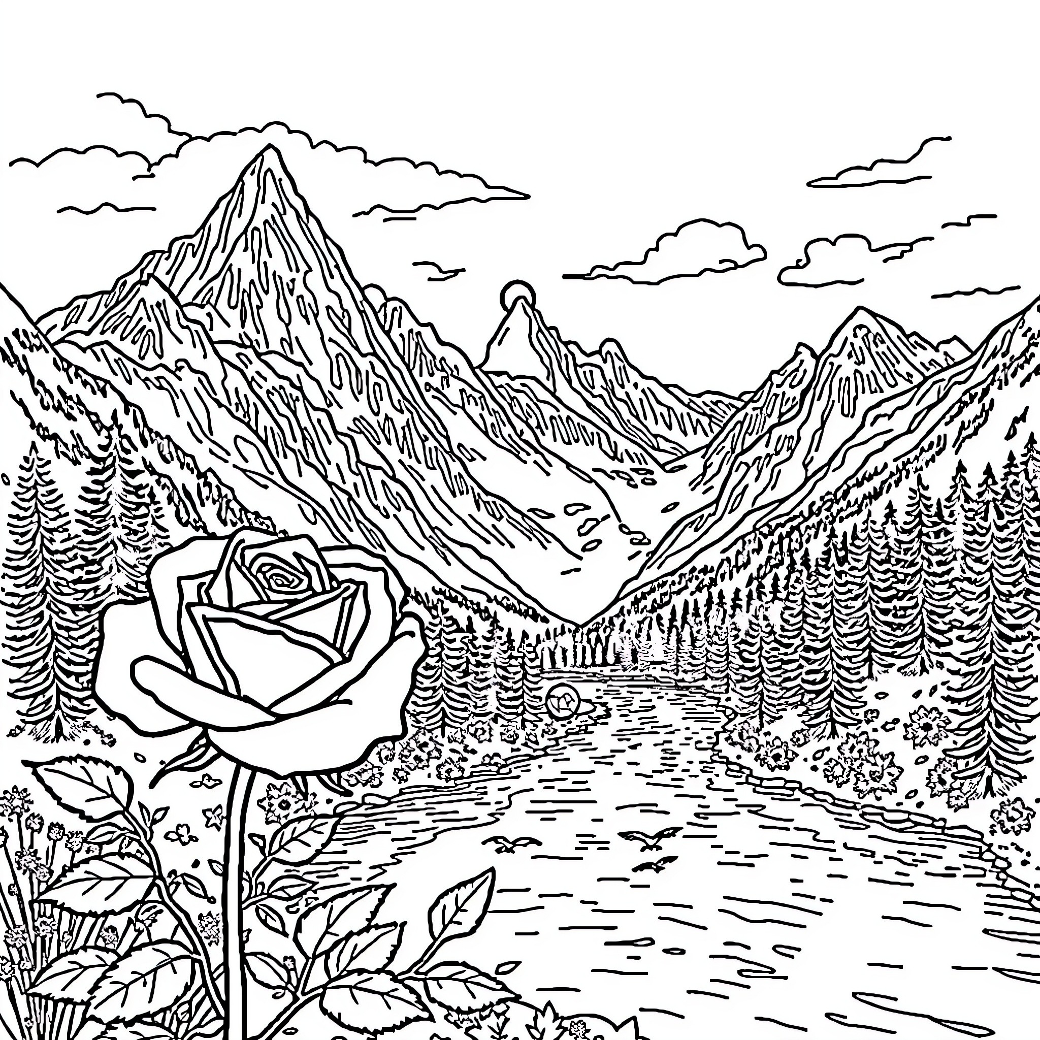 Rose in Serene Mountain Landscape Coloring Page (free black-and-white line drawing printable PDF for all, from beginners to advanced learners, including children, teens, adults, and seniors)