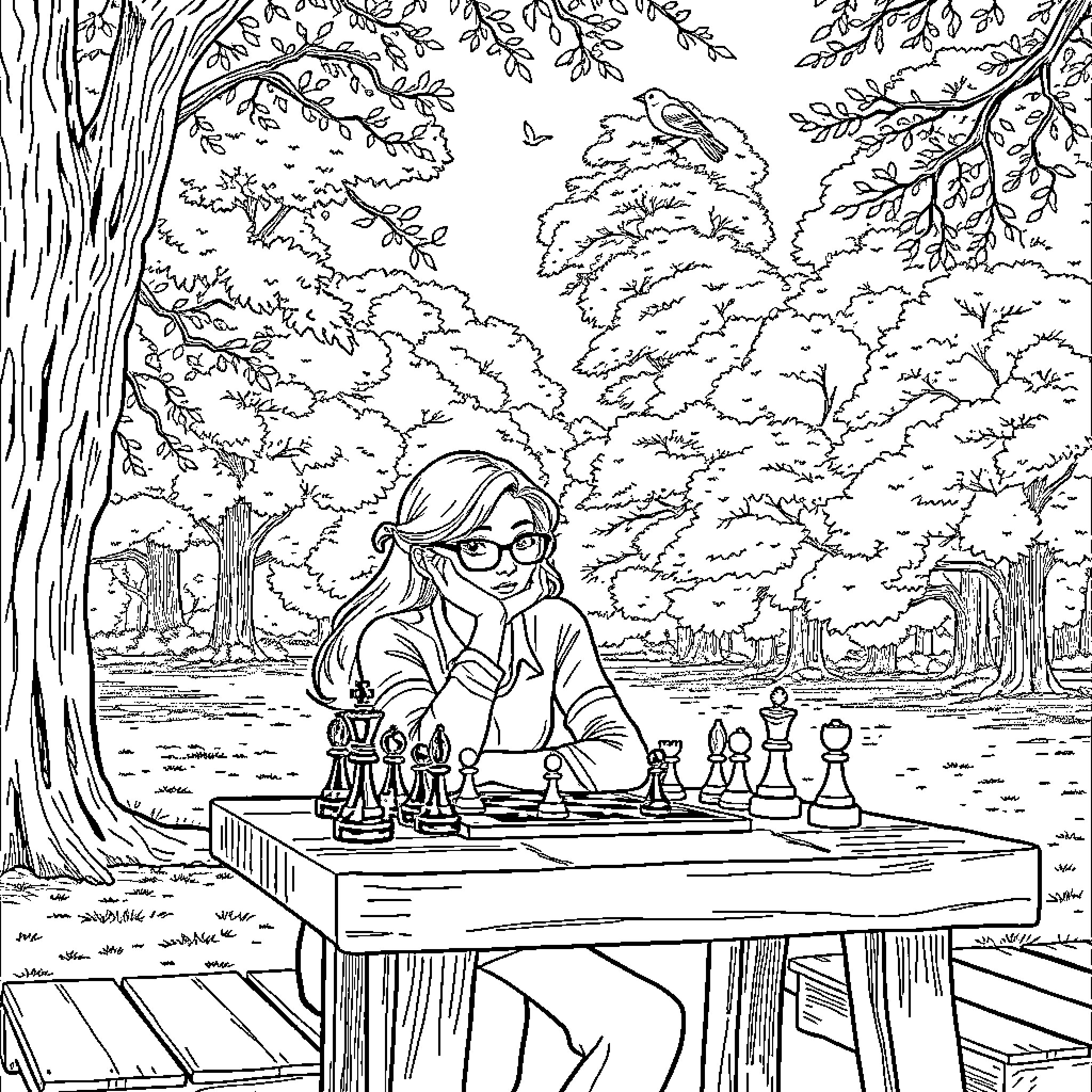 Ashley plays chess in the forest Coloring Page (free black-and-white line drawing printable PDF for all, from beginners to advanced learners, including children, teens, adults, and seniors)