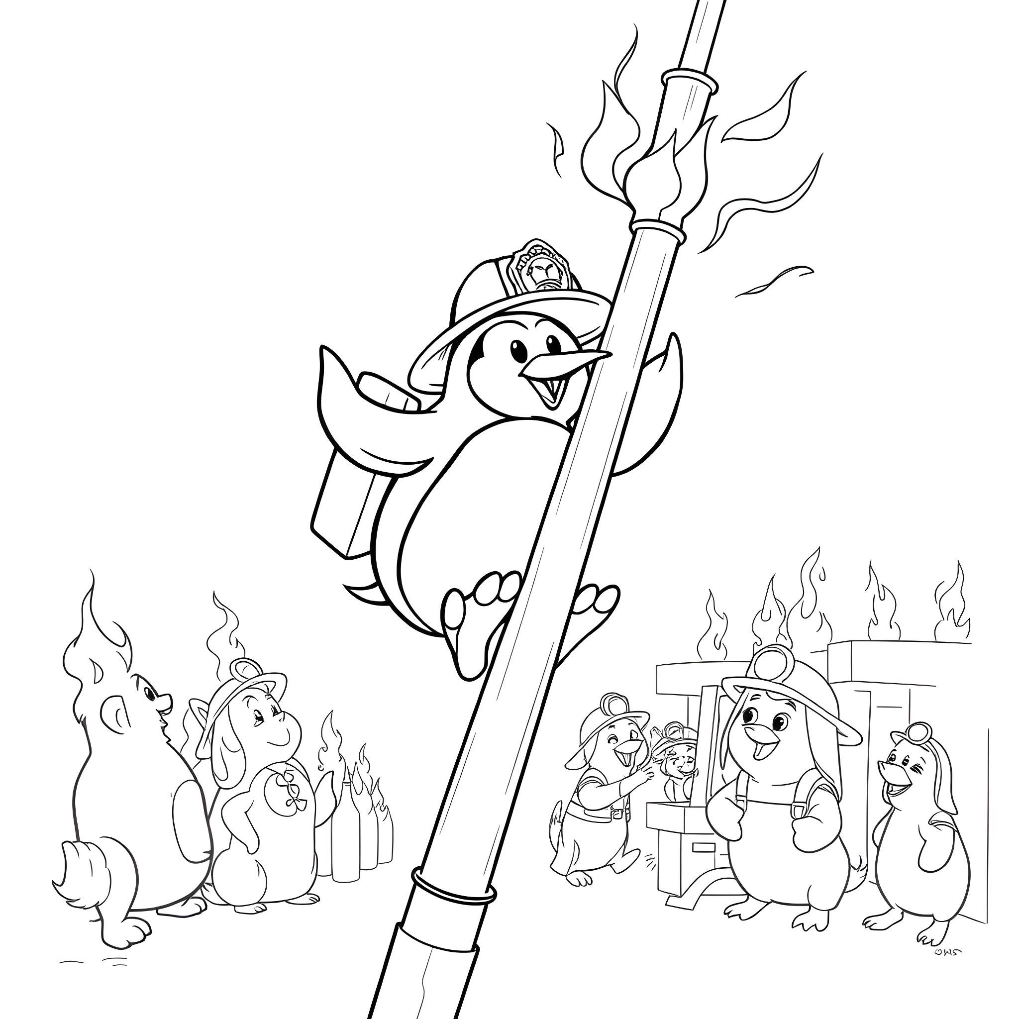 Penguin firefighters battling a fire with their equipment Coloring Page (free black-and-white line drawing printable PDF for all, from beginners to advanced learners, including children, teens, adults, and seniors)