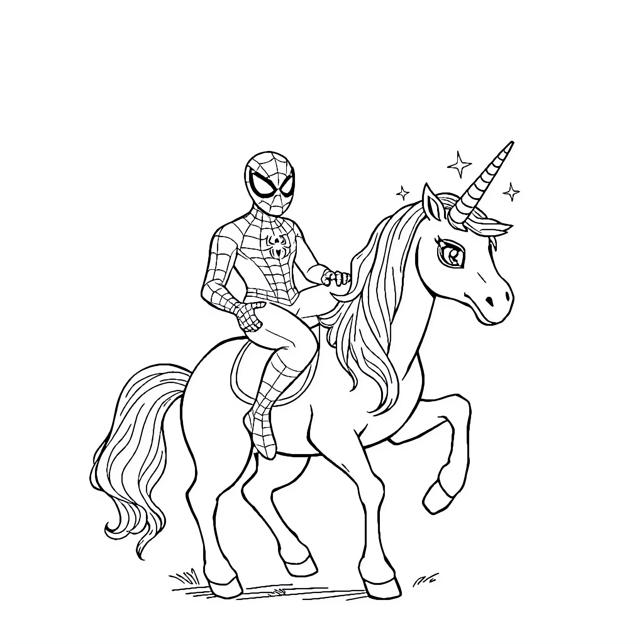 Spider-Man riding a magical unicorn Coloring Page (free black-and-white line drawing printable PDF for all, from beginners to advanced learners, including children, teens, adults, and seniors)