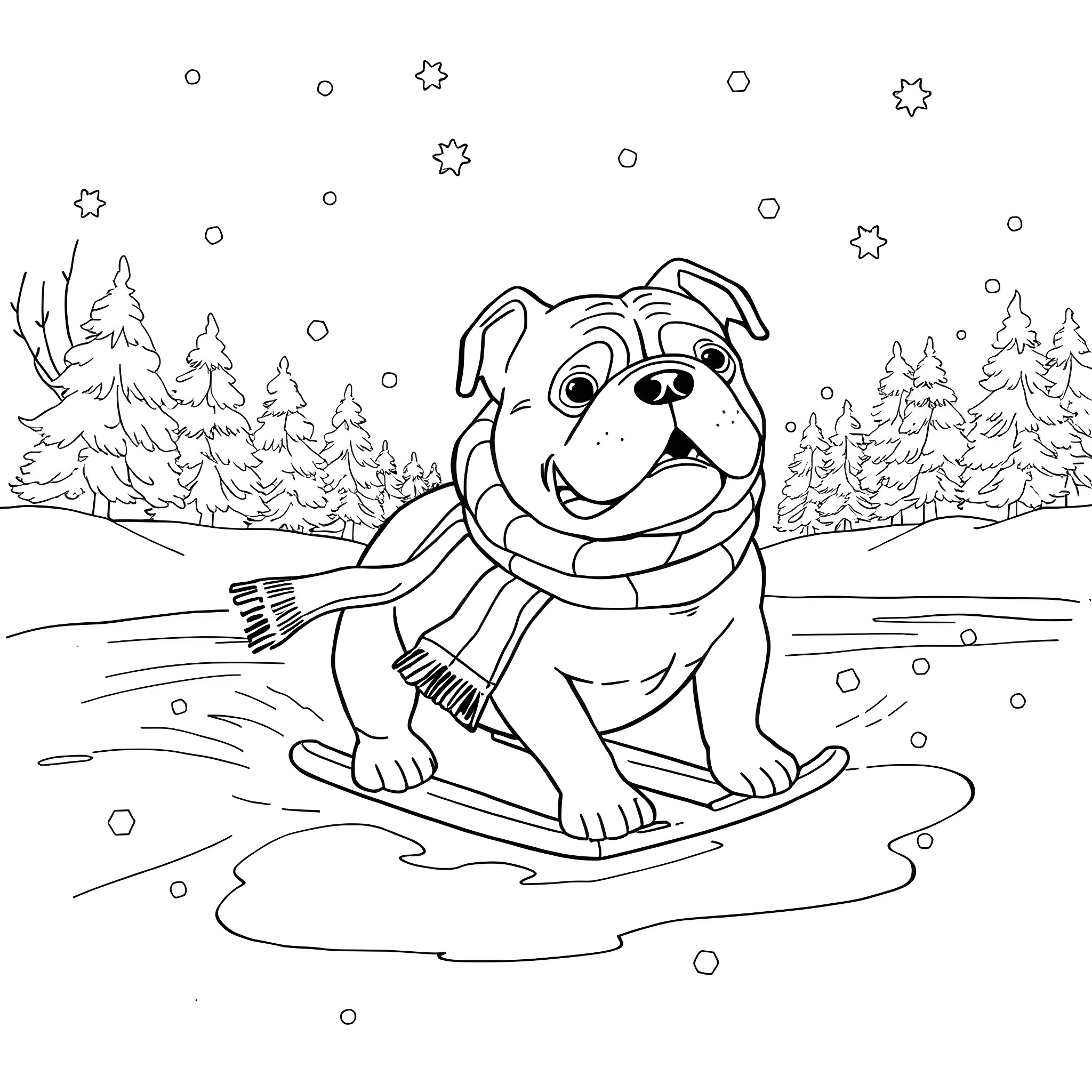 Bulldog enjoying the winter wonderland Coloring Page (free black-and-white line drawing printable PDF for all, from beginners to advanced learners, including children, teens, adults, and seniors)
