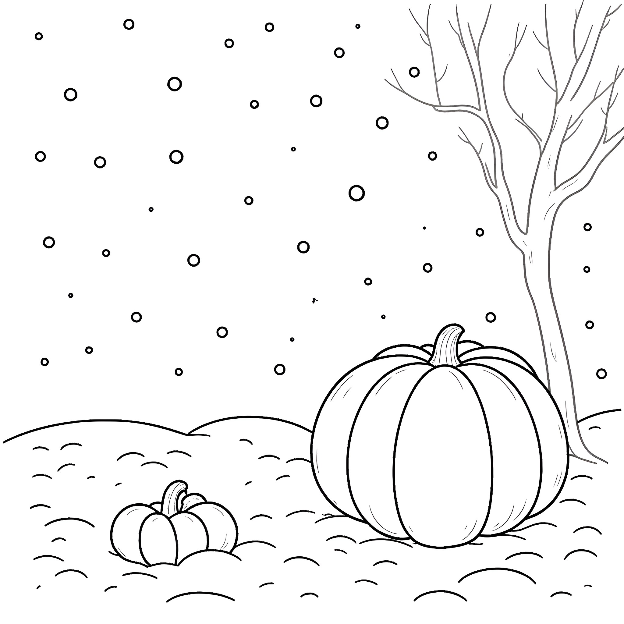 Pumpkins in a winter landscape Coloring Page (free black-and-white line drawing printable PDF for all, from beginners to advanced learners, including children, teens, adults, and seniors)