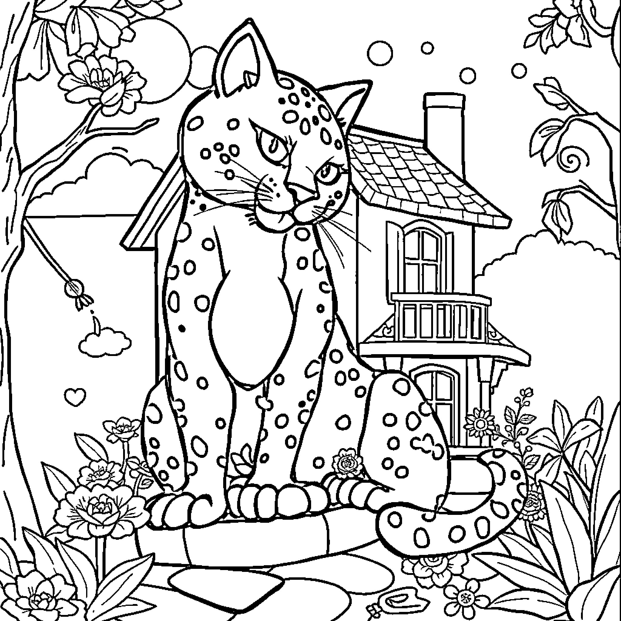 Panther admiring cottage in lush garden Coloring Page (free black-and-white line drawing printable PDF for all, from beginners to advanced learners, including children, teens, adults, and seniors)