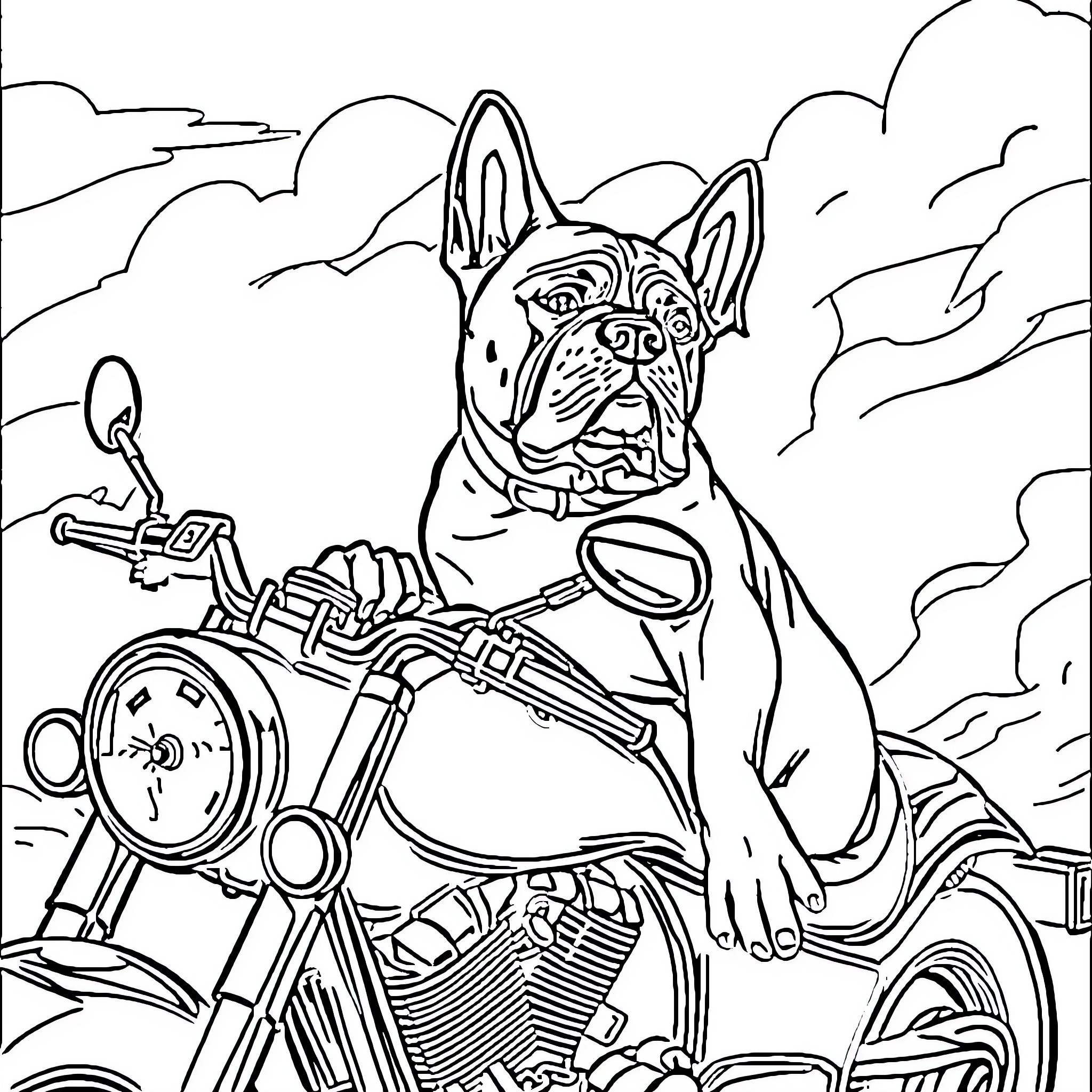 Mastiff riding a motorcycle on the road Coloring Page (free black-and-white line drawing printable PDF for all, from beginners to advanced learners, including children, teens, adults, and seniors)