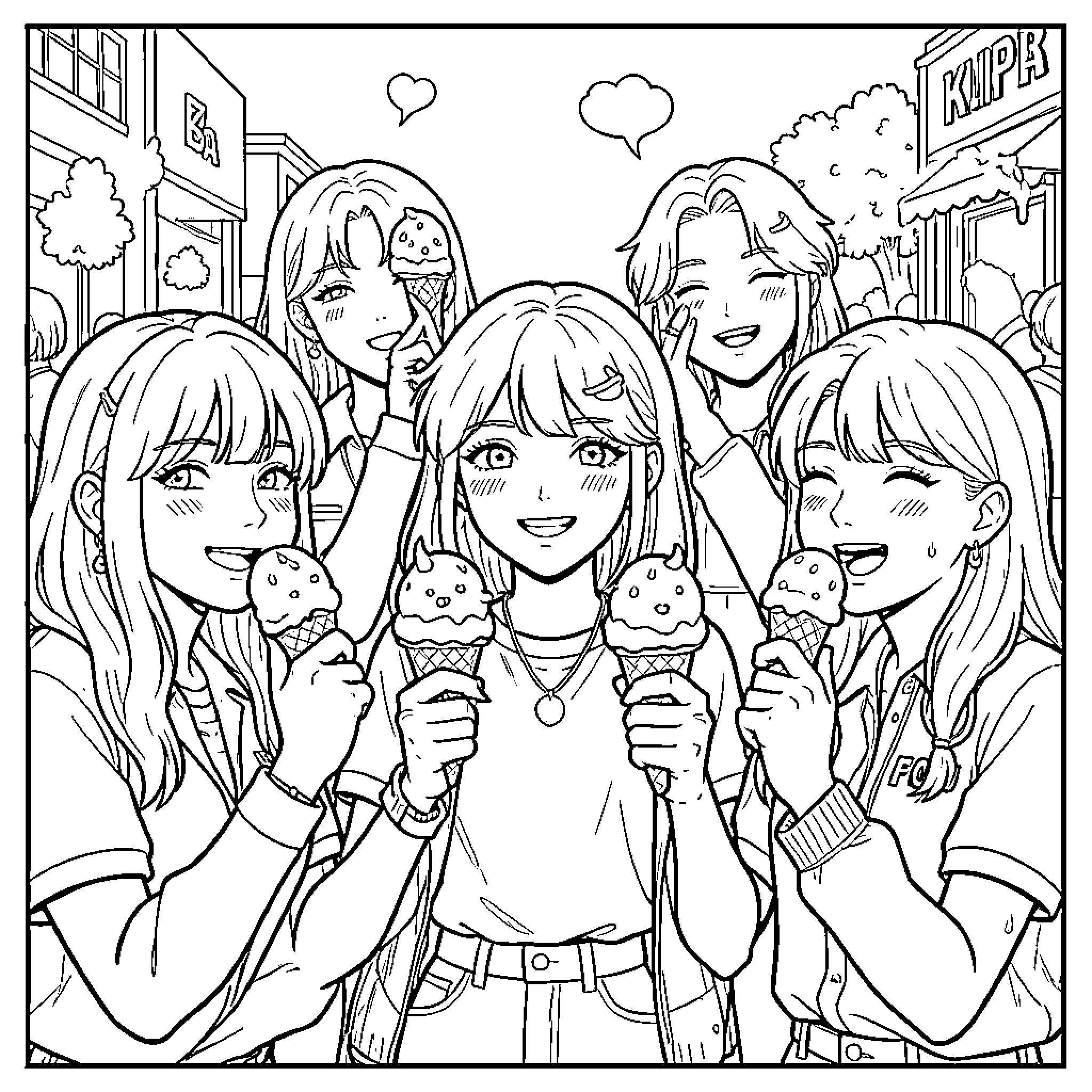 Kpop idols smiling while eating ice cream cones Coloring Page (free black-and-white line drawing printable PDF for all, from beginners to advanced learners, including children, teens, adults, and seniors)