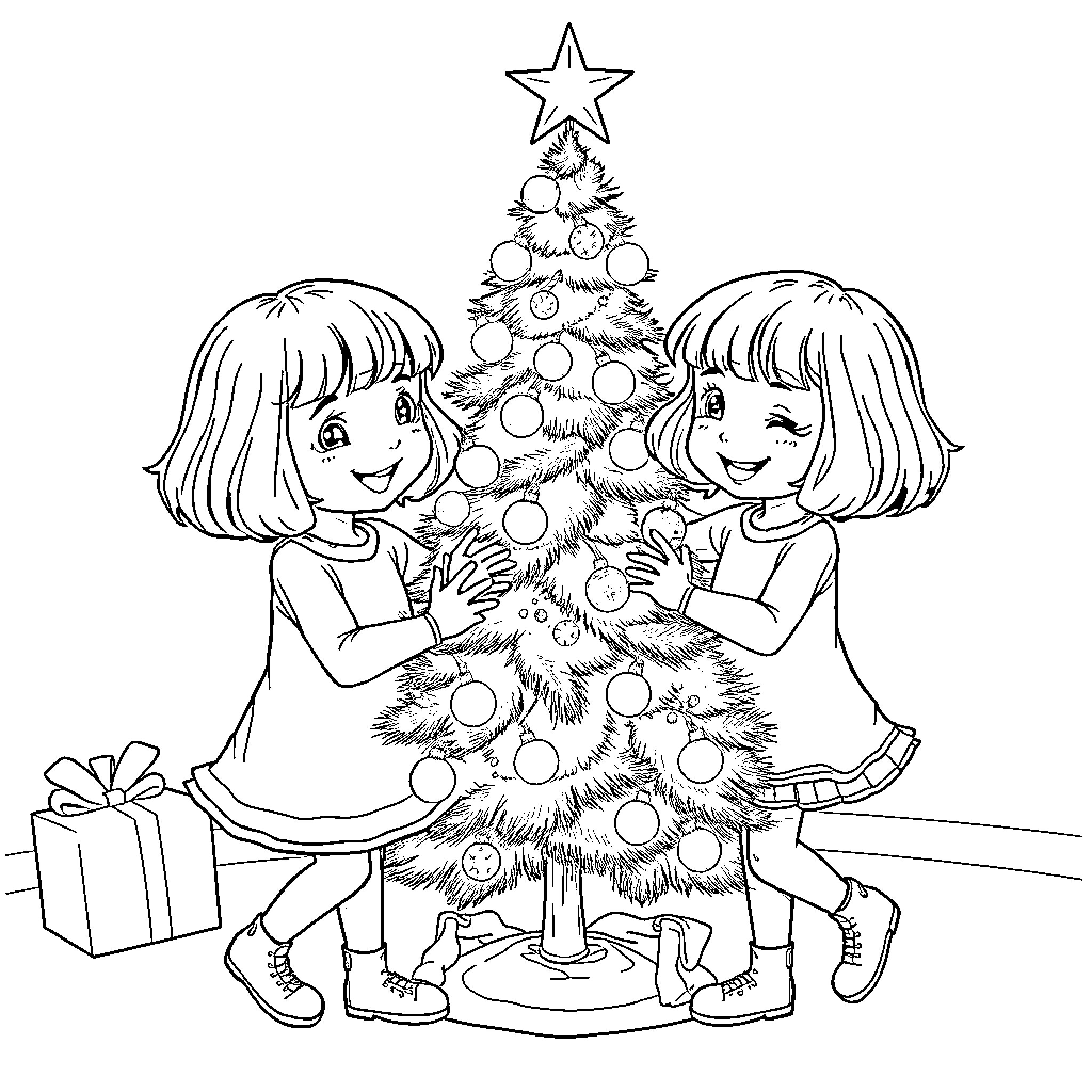 Girls Decorating Christmas Tree with Joy Coloring Page (free black-and-white line drawing printable PDF for all, from beginners to advanced learners, including children, teens, adults, and seniors)