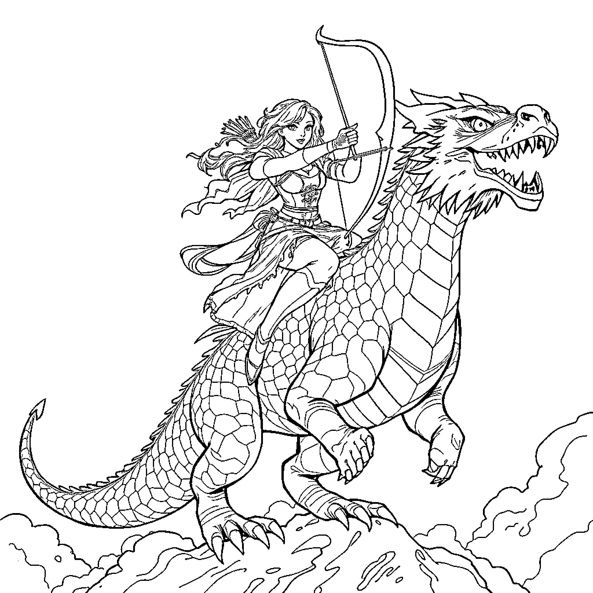 Archer riding a fierce dragon into battle Coloring Page (free black-and-white line drawing printable PDF for all, from beginners to advanced learners, including children, teens, adults, and seniors)