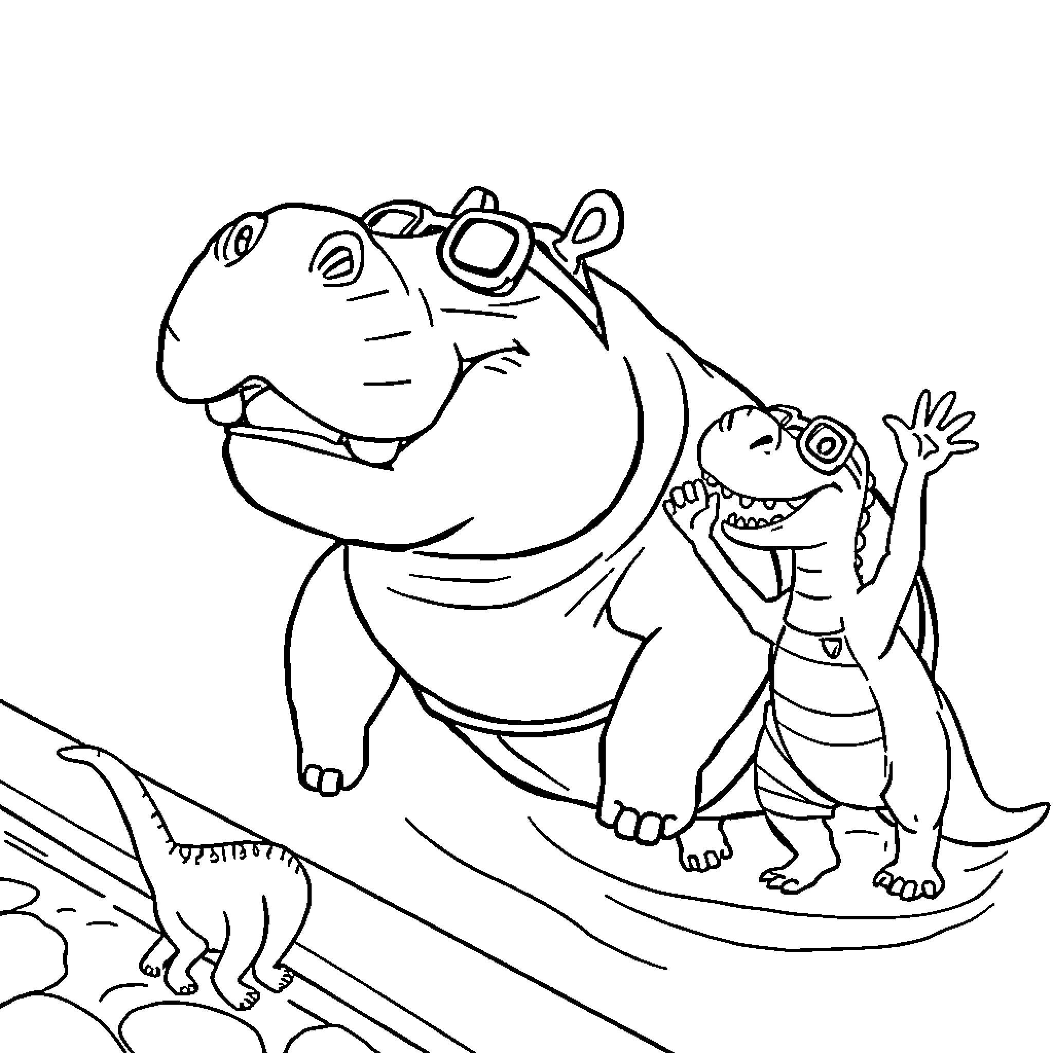 Hippo entertaining curious baby animals Coloring Page (free black-and-white line drawing printable PDF for all, from beginners to advanced learners, including children, teens, adults, and seniors)