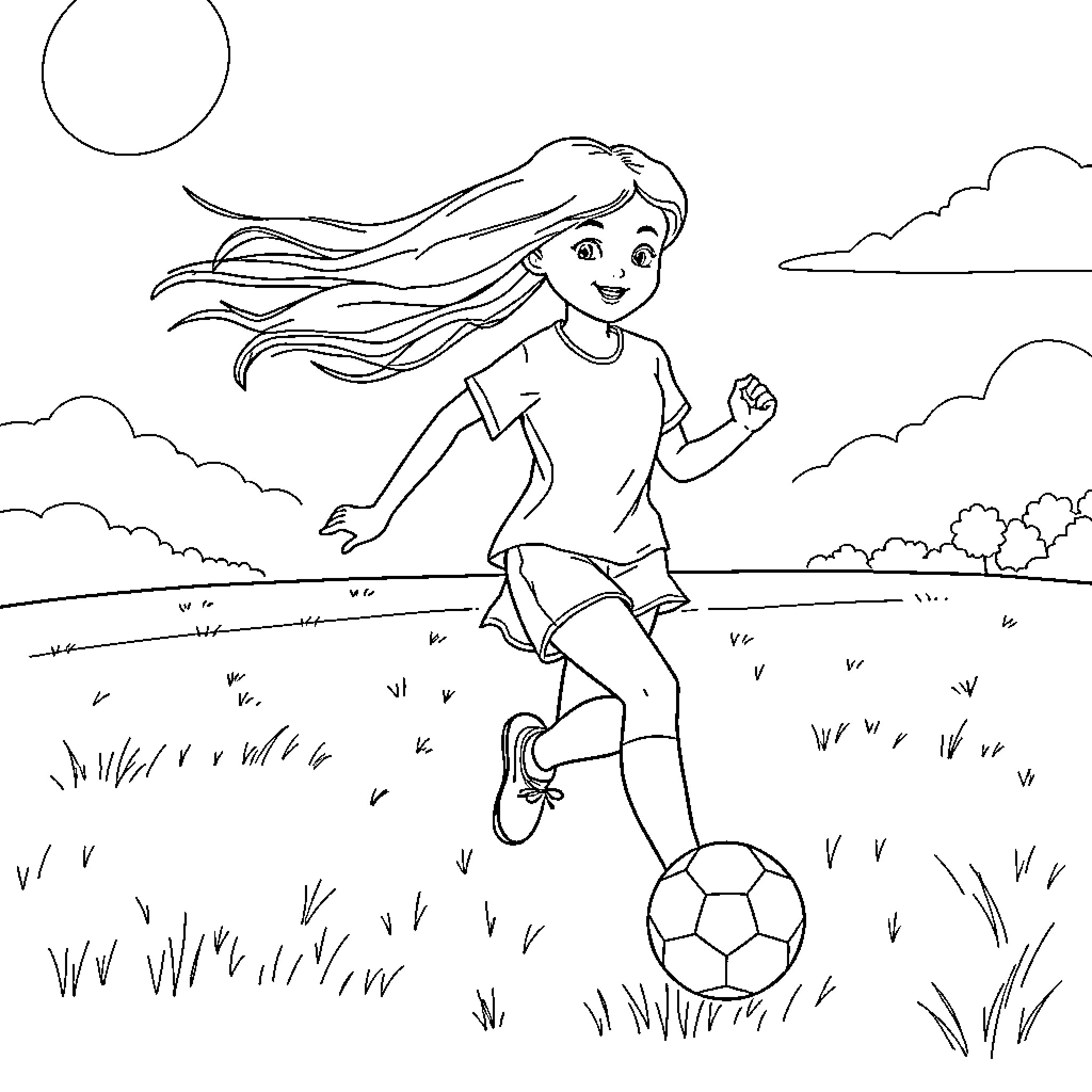 Girl playing joyfully with soccer ball in field Coloring Page (free black-and-white line drawing printable PDF for all, from beginners to advanced learners, including children, teens, adults, and seniors)