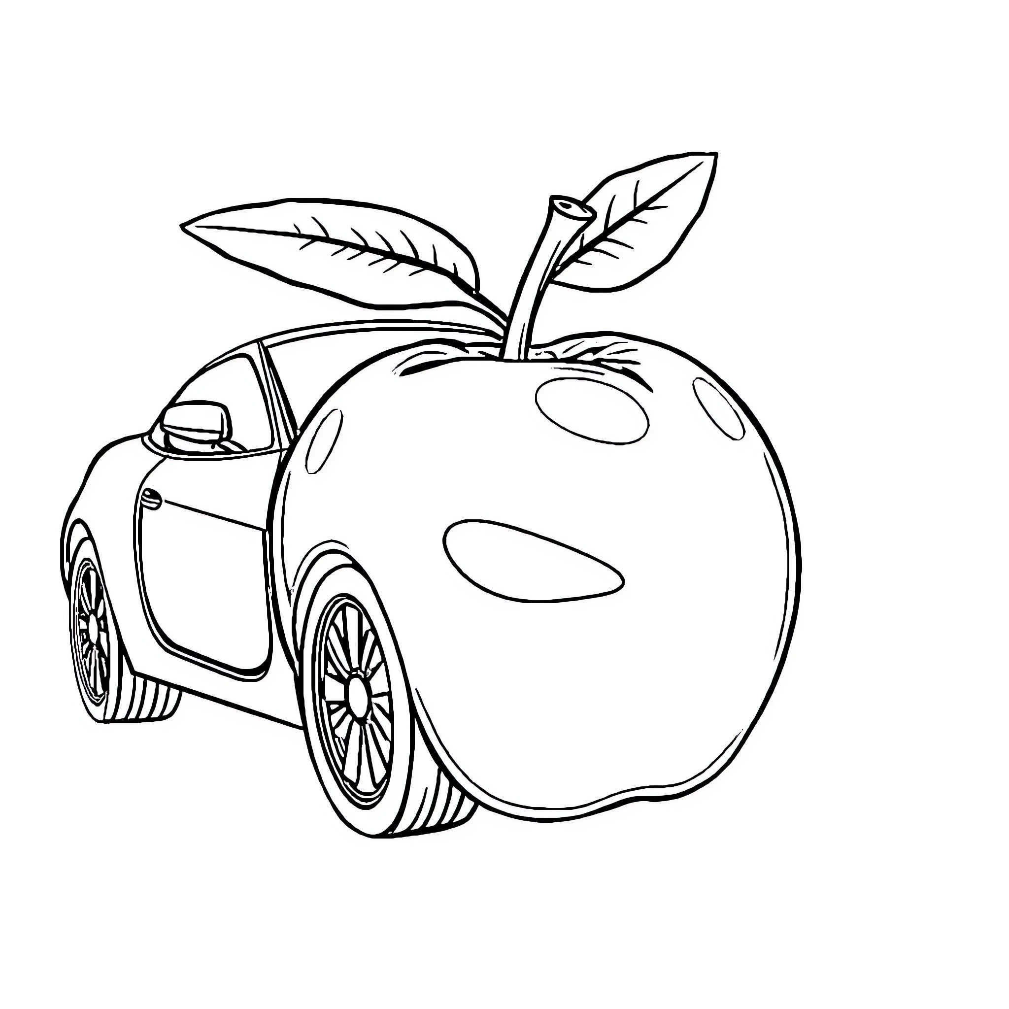 Fruit Car with Playful Leaves Coloring Page (free black-and-white line drawing printable PDF for all, from beginners to advanced learners, including children, teens, adults, and seniors)