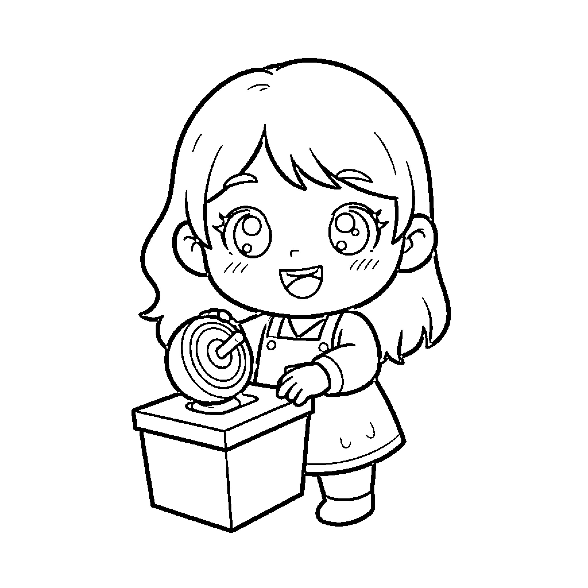 Chibi Girl Delightfully Opening a Present Coloring Page (free black-and-white line drawing printable PDF for all, from beginners to advanced learners, including children, teens, adults, and seniors)