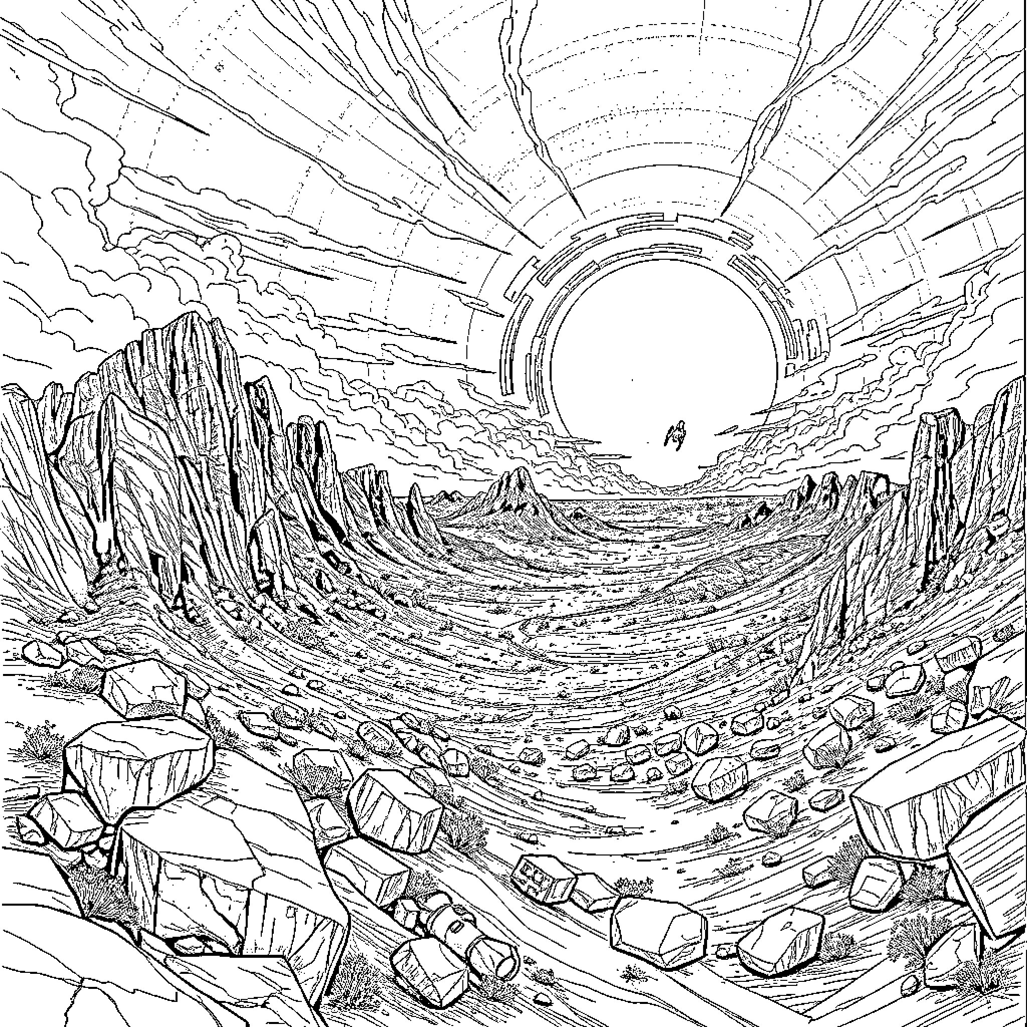 Arc Raiders: Exploring the Fantastical Alien Landscape Coloring Page (free black-and-white line drawing printable PDF for all, from beginners to advanced learners, including children, teens, adults, and seniors)