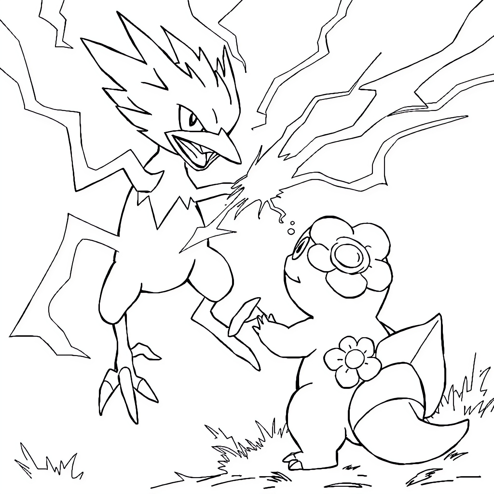 Zapdos battling with floral creatures in nature Coloring Page (free black-and-white line drawing printable PDF for all, from beginners to advanced learners, including children, teens, adults, and seniors)