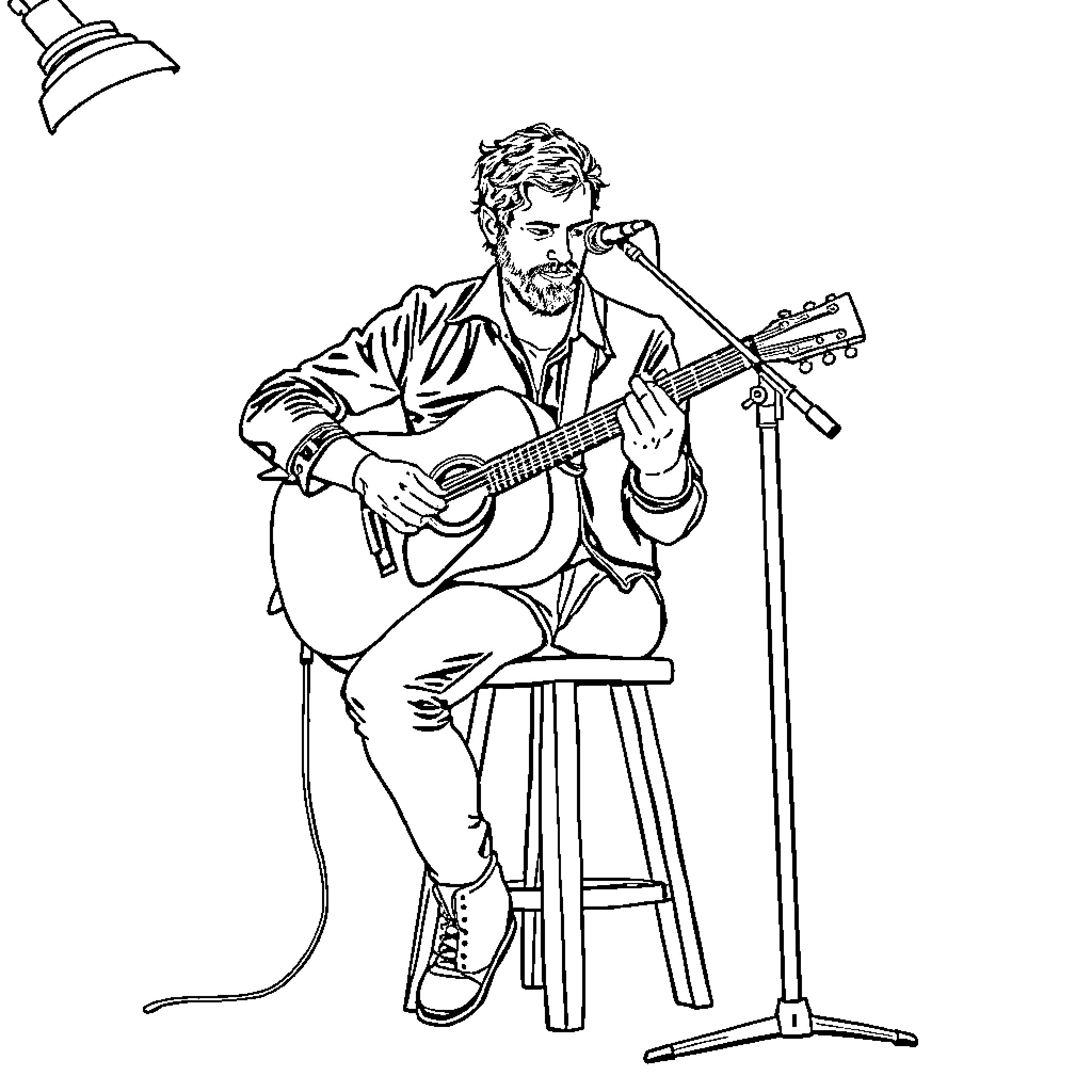 Hozier performing on stage with guitar Coloring Page (free black-and-white line drawing printable PDF for all, from beginners to advanced learners, including children, teens, adults, and seniors)