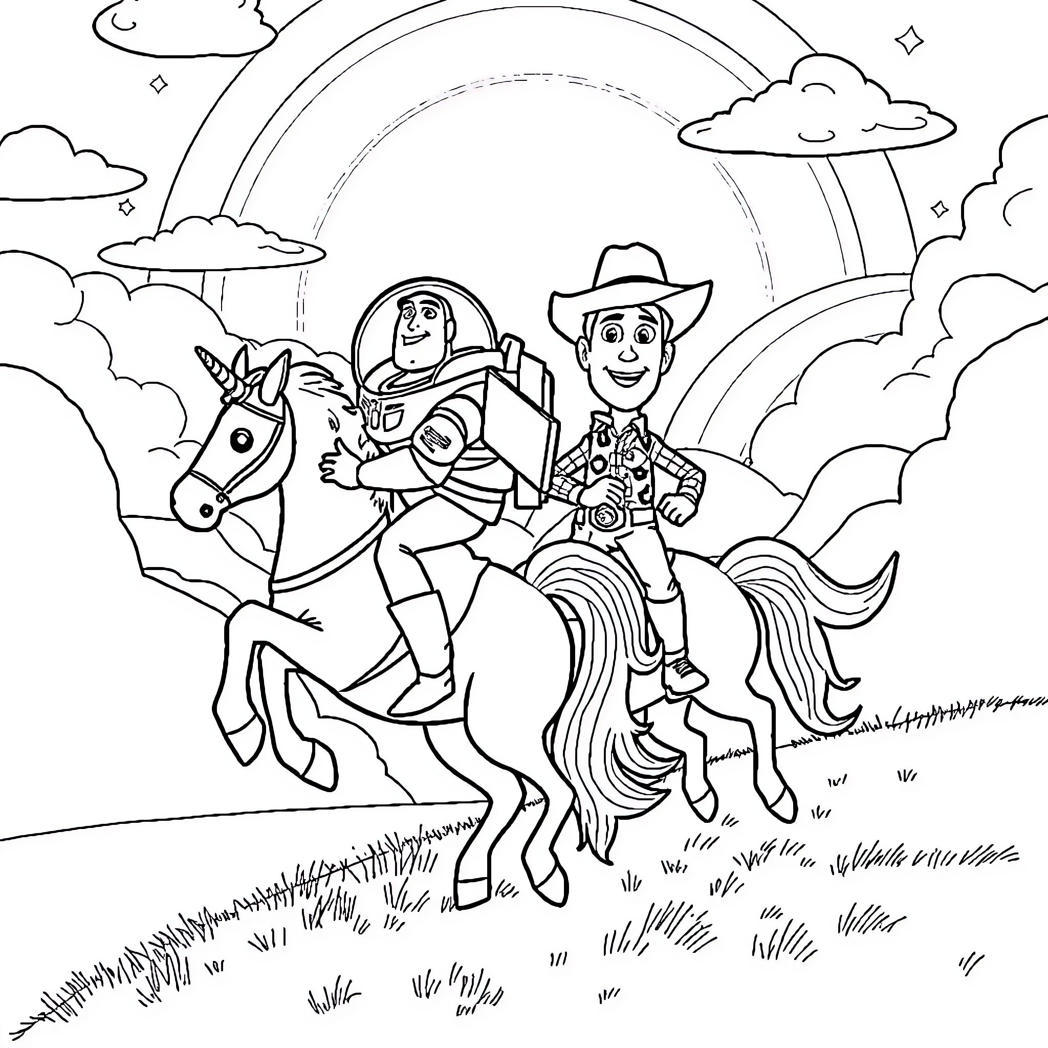Buzz and Woody riding horses through the wild west Coloring Page (free black-and-white line drawing printable PDF for all, from beginners to advanced learners, including children, teens, adults, and seniors)