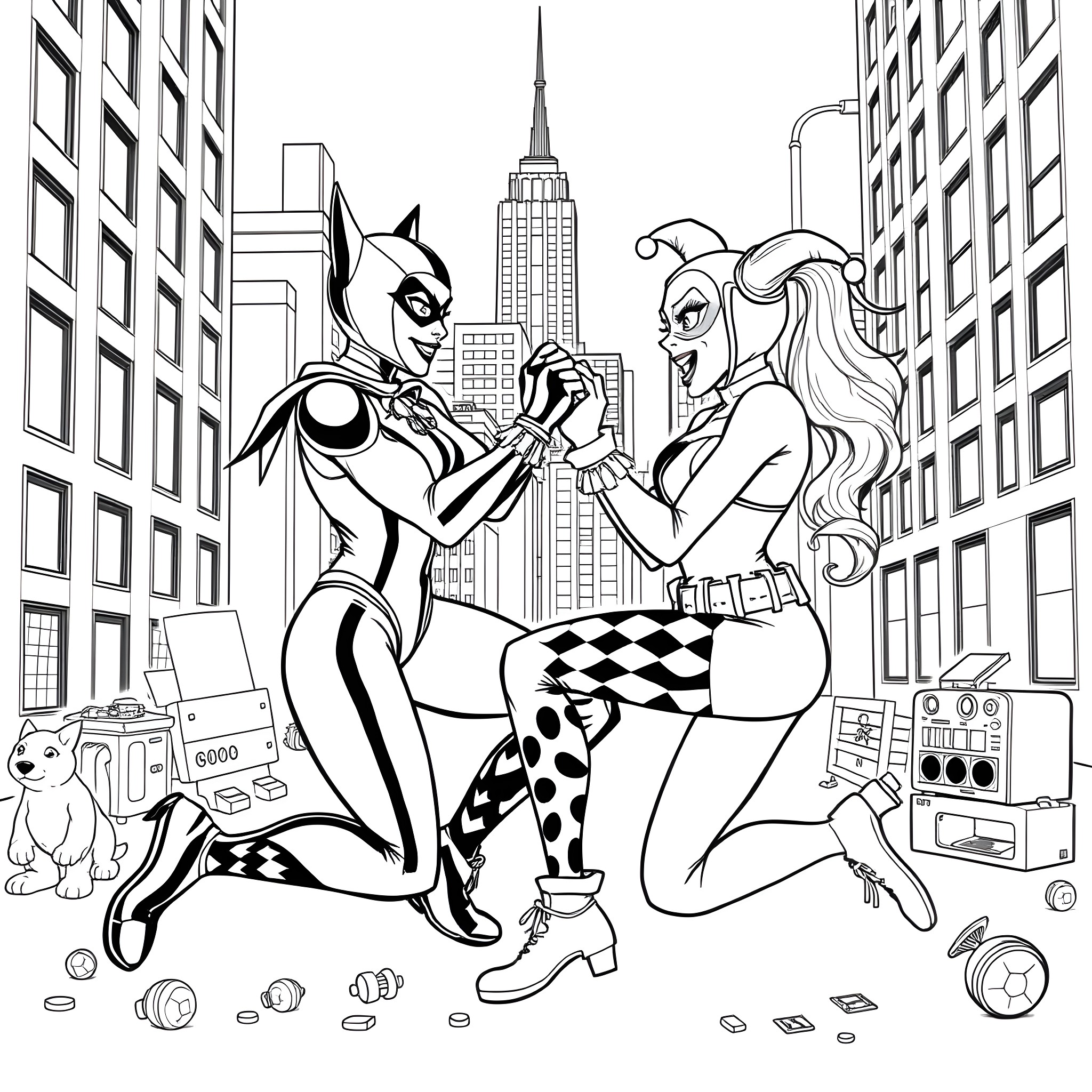 Cat Woman fighting crime with her sidekick in the city Coloring Page (free black-and-white line drawing printable PDF for all, from beginners to advanced learners, including children, teens, adults, and seniors)