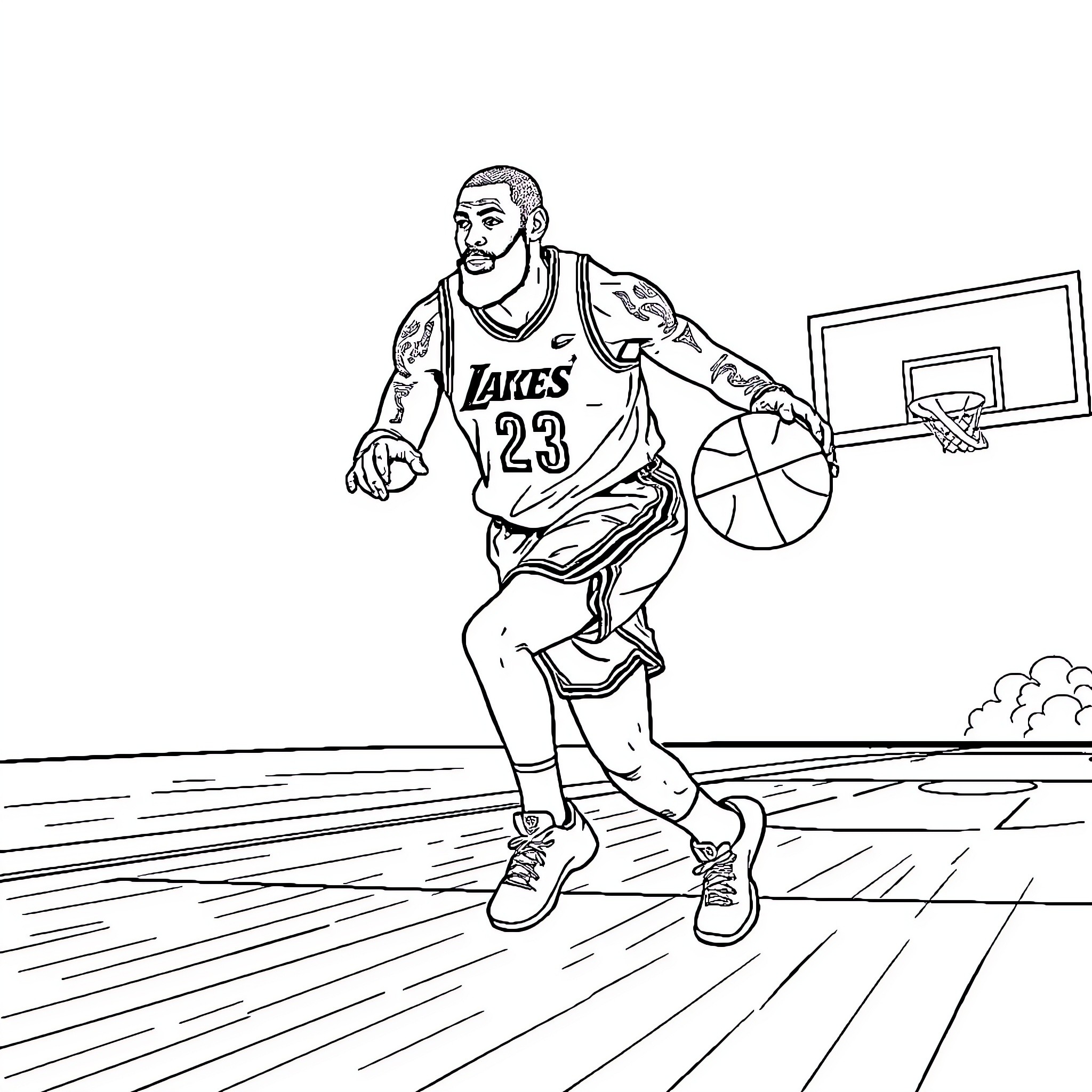 LeBron playing basketball on the court Coloring Page (free black-and-white line drawing printable PDF for all, from beginners to advanced learners, including children, teens, adults, and seniors)