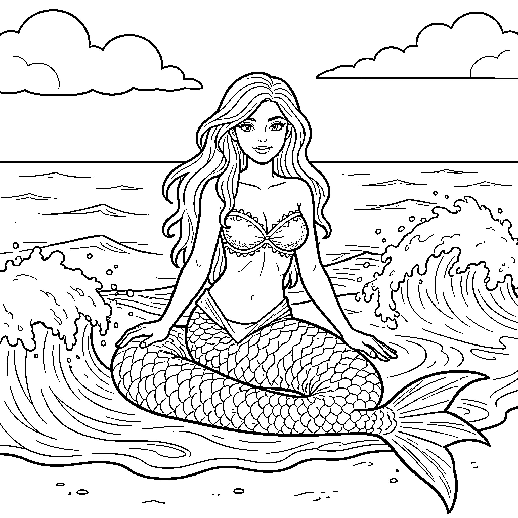 Siren maiden swimming amidst the waves Coloring Page (free black-and-white line drawing printable PDF for all, from beginners to advanced learners, including children, teens, adults, and seniors)