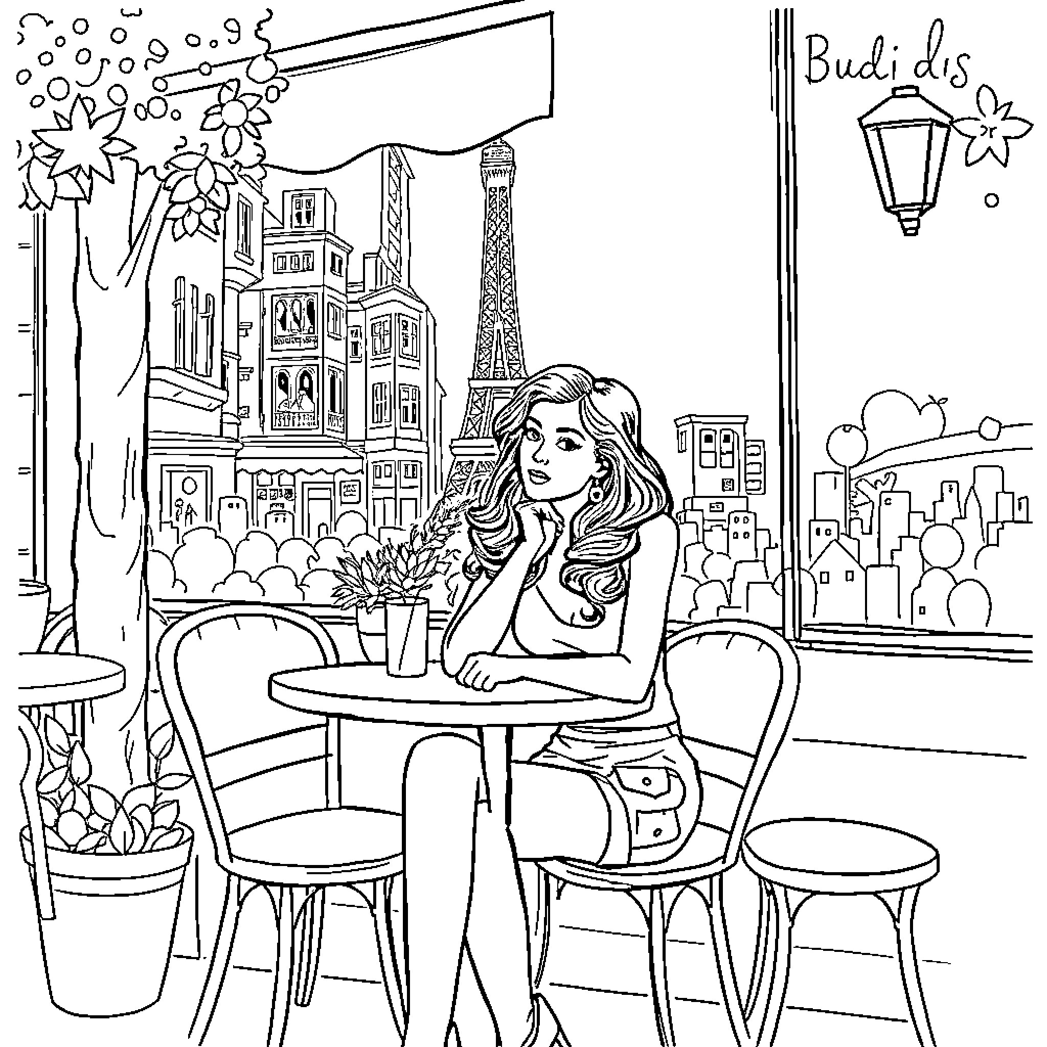 Ladybug enjoying Parisian cafe in the city Coloring Page (free black-and-white line drawing printable PDF for all, from beginners to advanced learners, including children, teens, adults, and seniors)