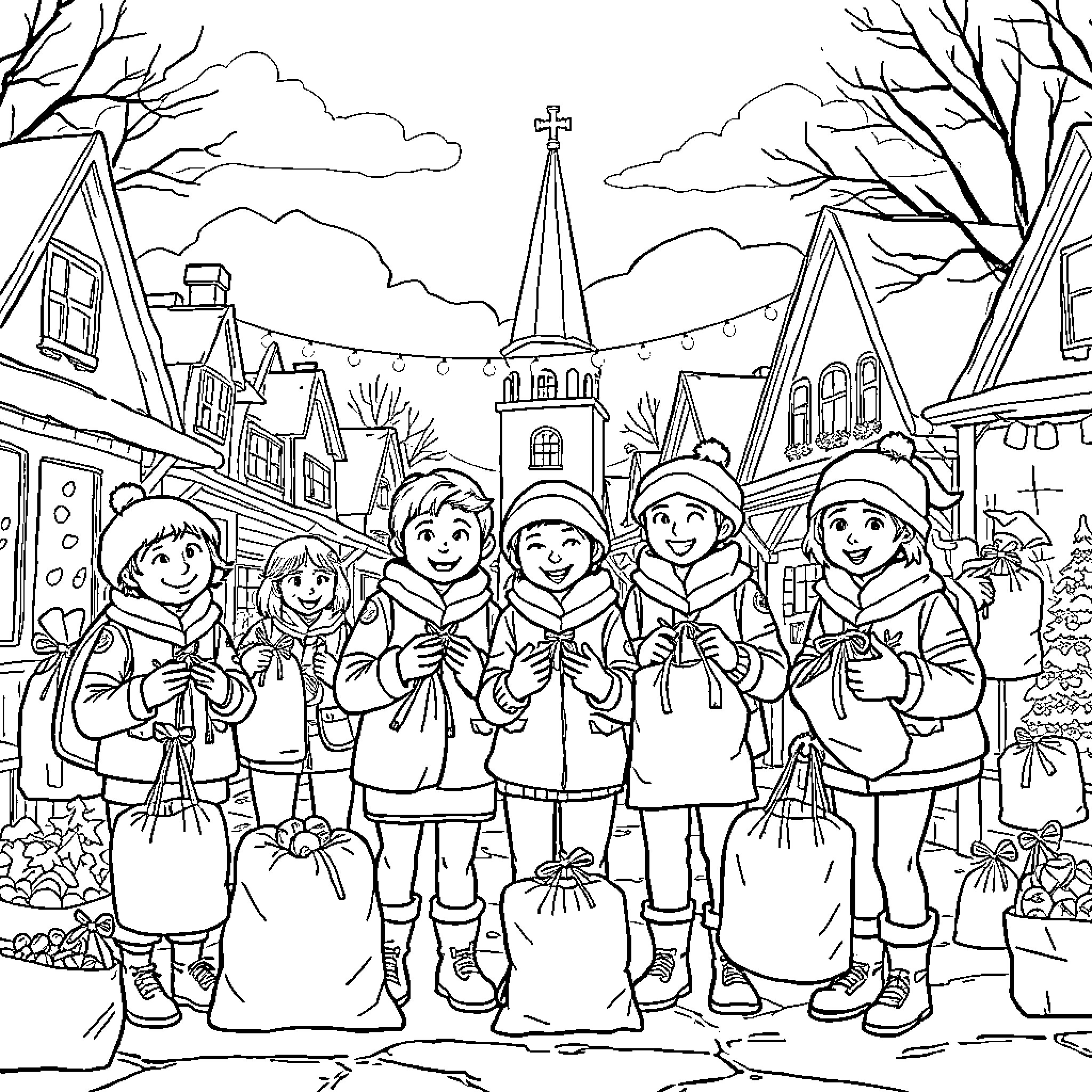 Scout group exploring a winter town Coloring Page (free black-and-white line drawing printable PDF for all, from beginners to advanced learners, including children, teens, adults, and seniors)