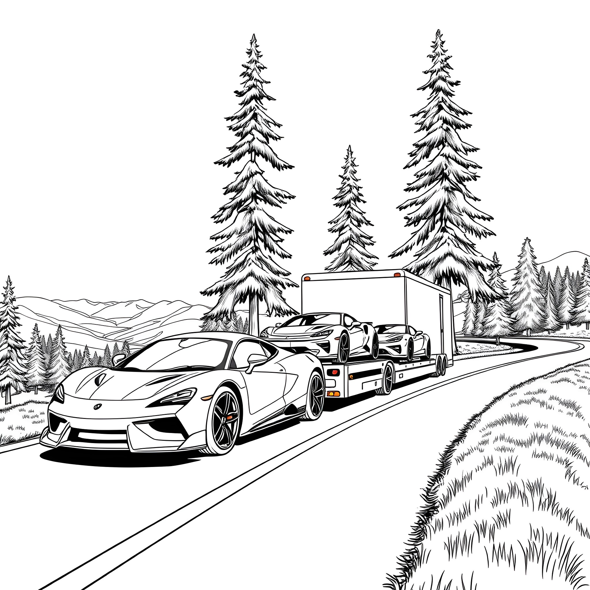 Car Hauler Transporting Luxury Sports Car in Snowy Pine Forest Coloring Page (free black-and-white line drawing printable PDF for all, from beginners to advanced learners, including children, teens, adults, and seniors)