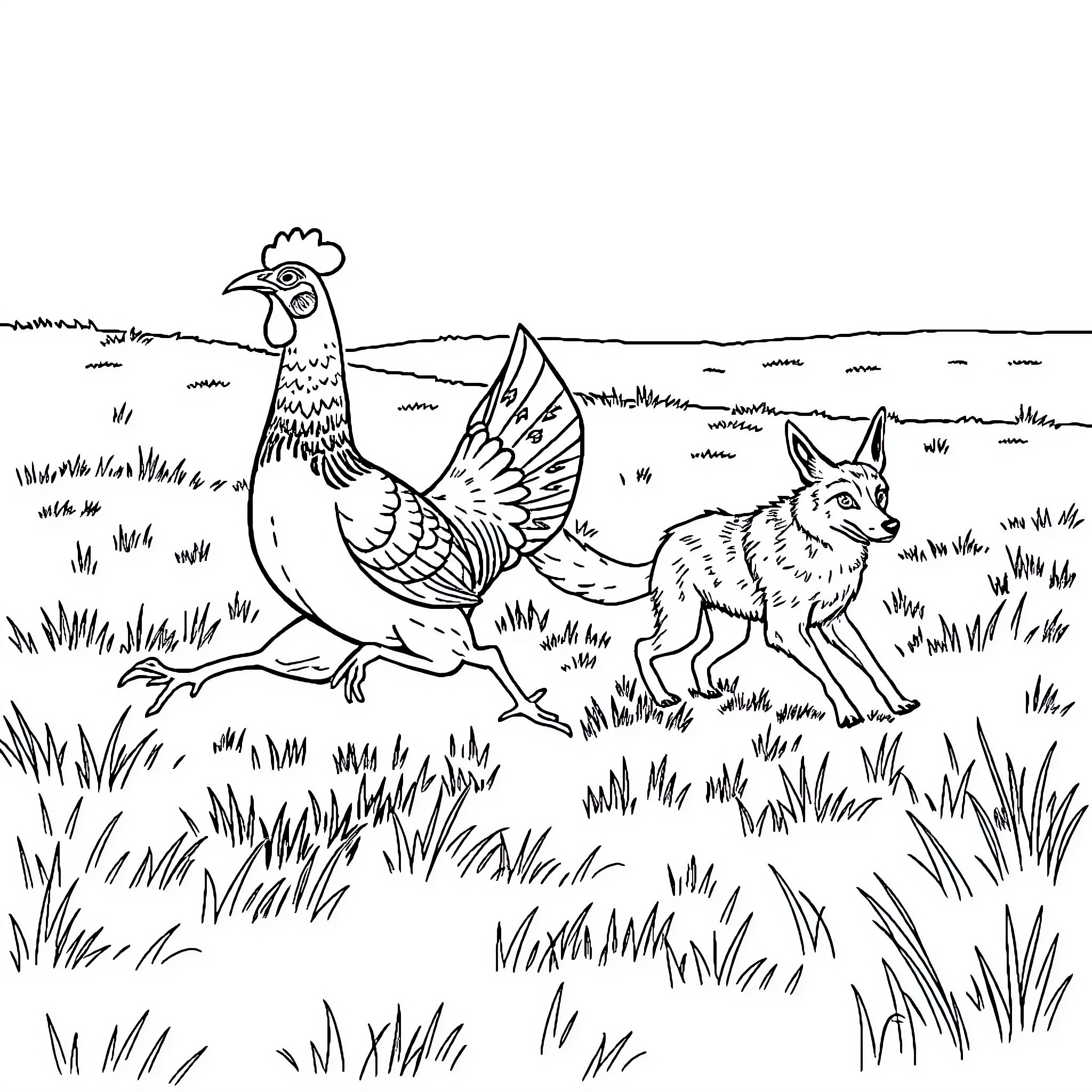 Guinea Hen Running with Wolf in Meadow Coloring Page (free black-and-white line drawing printable PDF for all, from beginners to advanced learners, including children, teens, adults, and seniors)